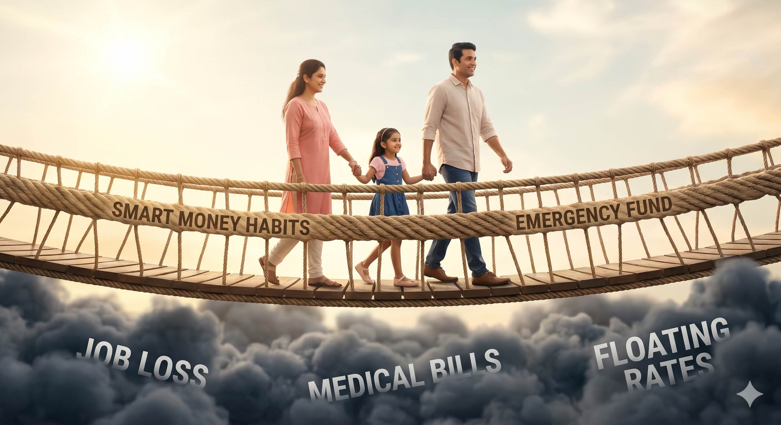 A happy Indian family confidently crossing a metaphoric rope bridge labeled _Emergency Fund_ and _Smart Money Habits_ over financial obstacles.