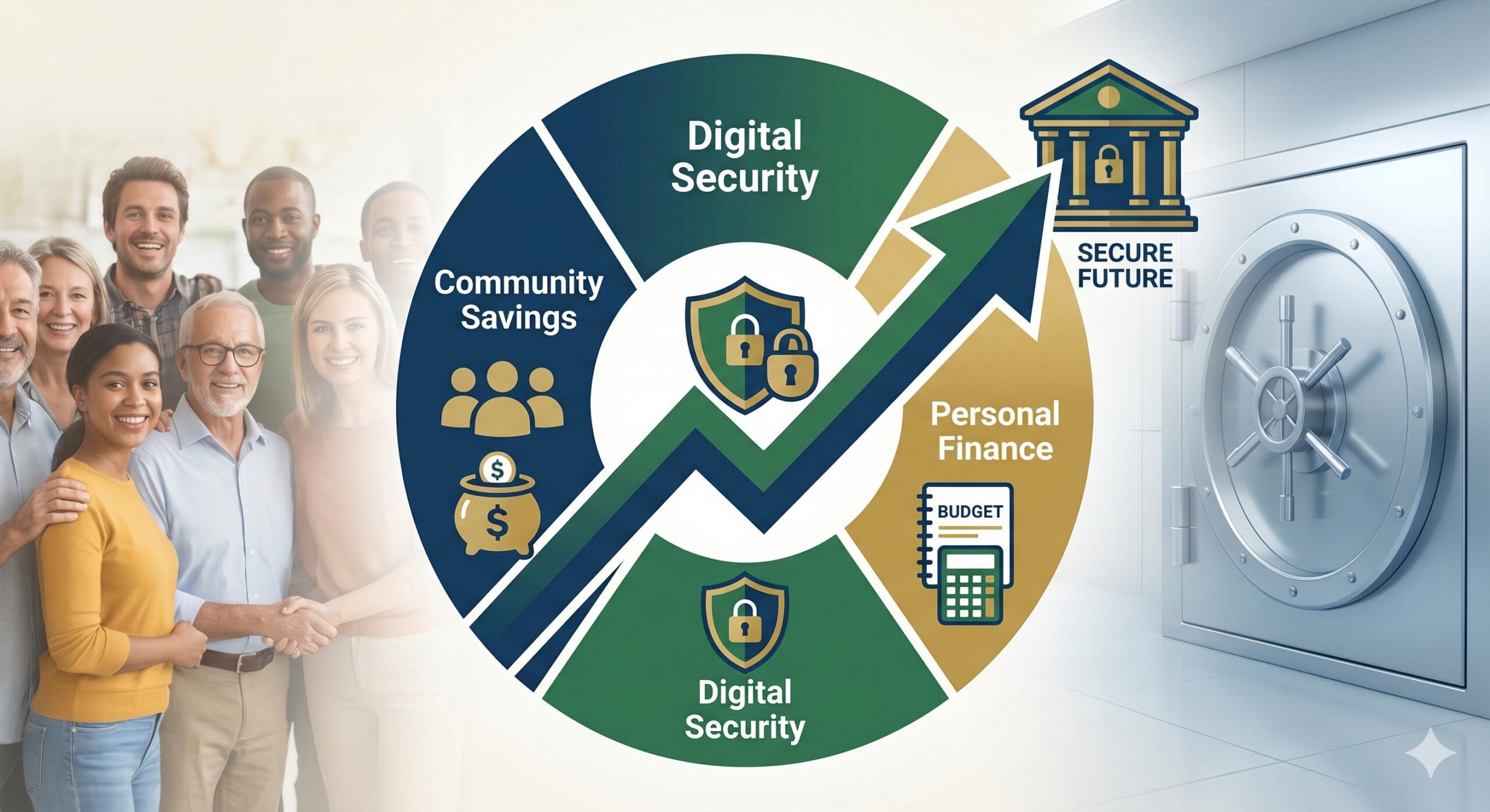 A secure financial ecosystem combining community savings, digital security, and personal budgeting.