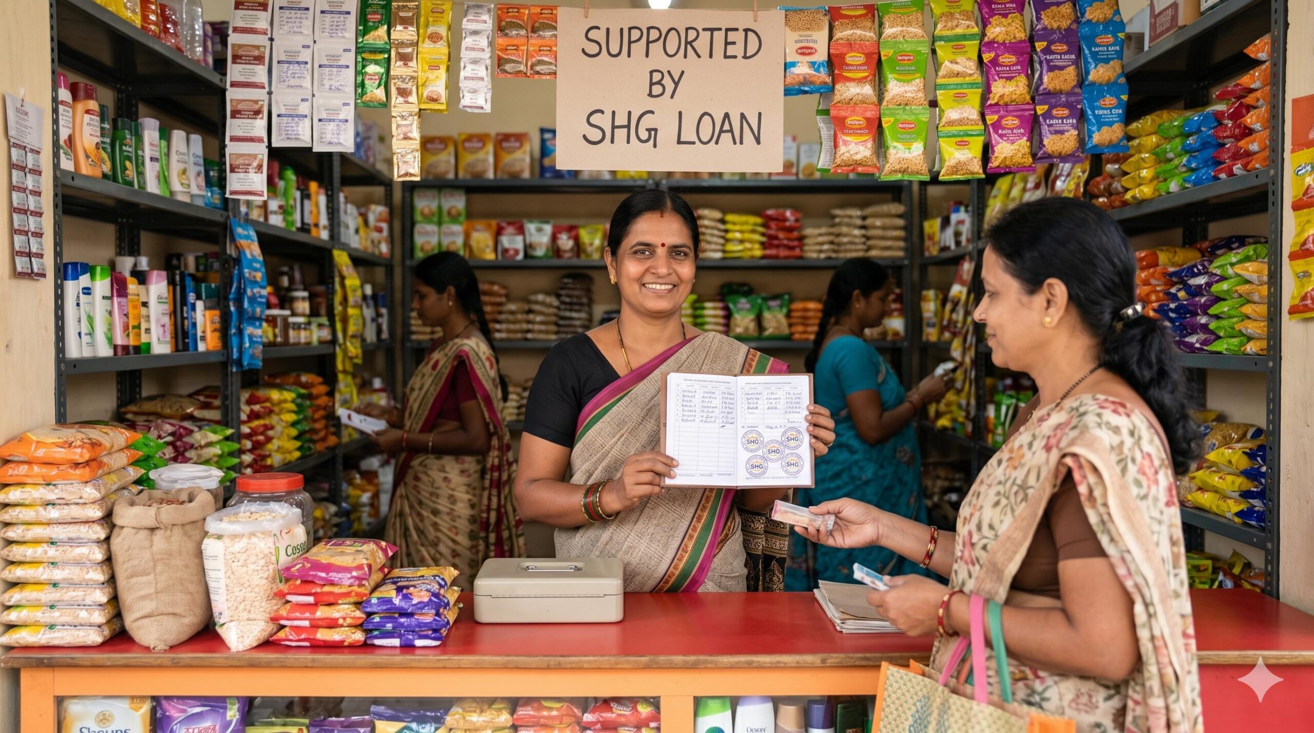 A smiling Indian woman stands in her prosperous SHG-loan-funded retail shop.