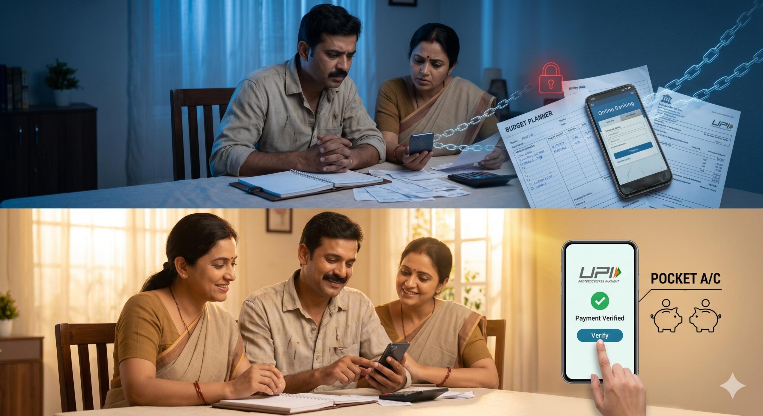 A split image showing an Indian couple initially worried, then relieved with safe banking.