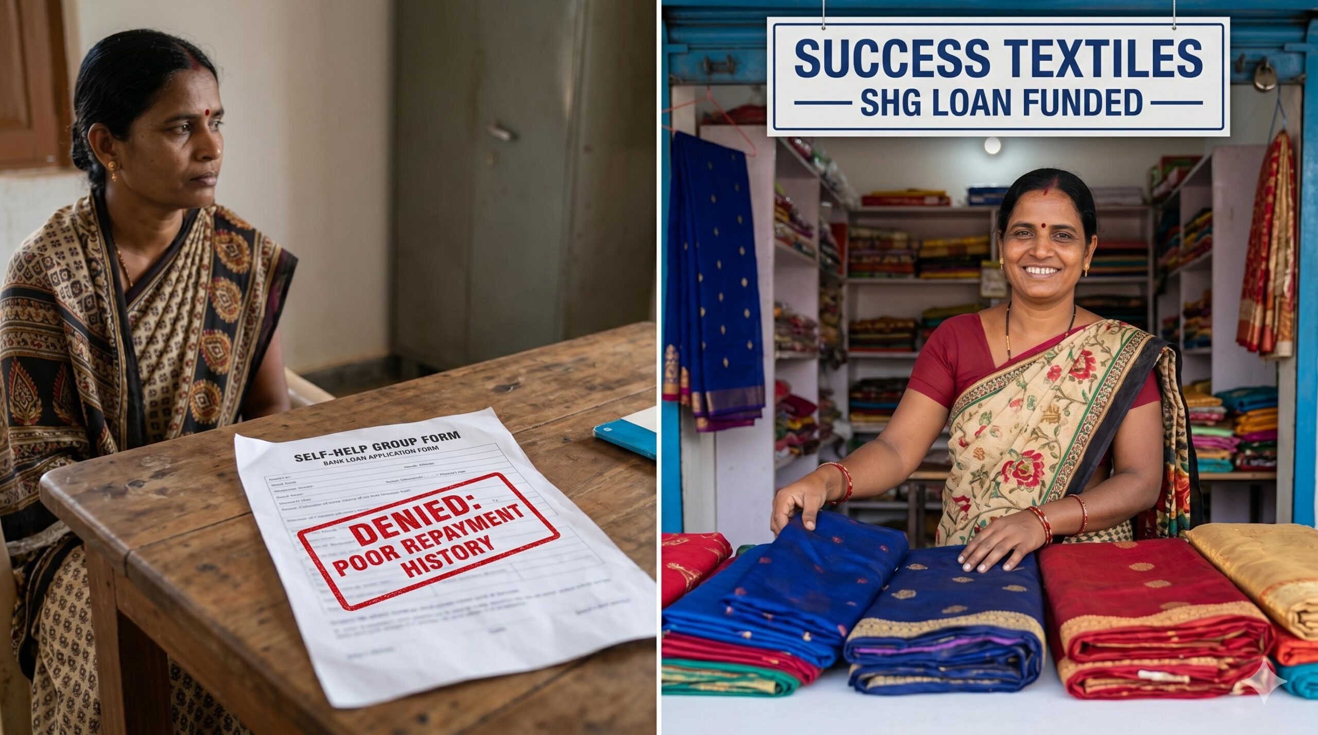 A split photo contrasting a denied bank loan stamp with a successful tailoring shop funded by an SHG.