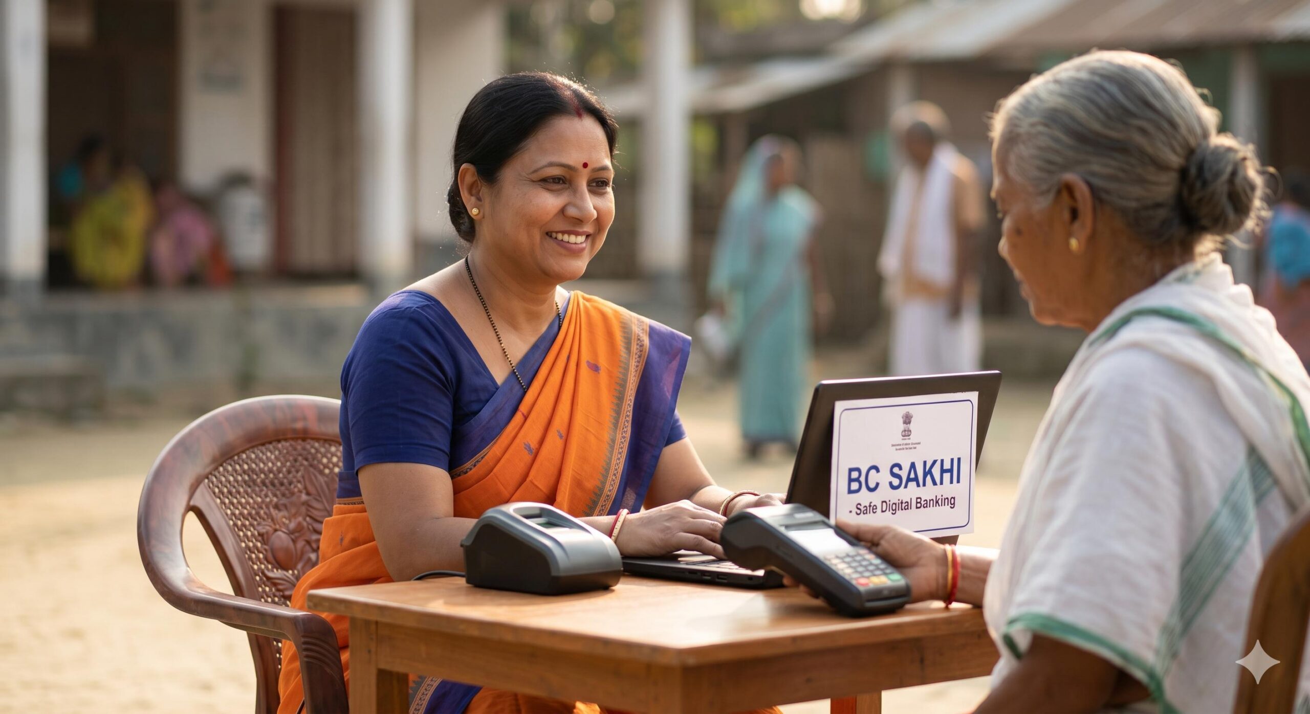 A trusted BC Sakhi helping a villager access safe banking services in an Indian