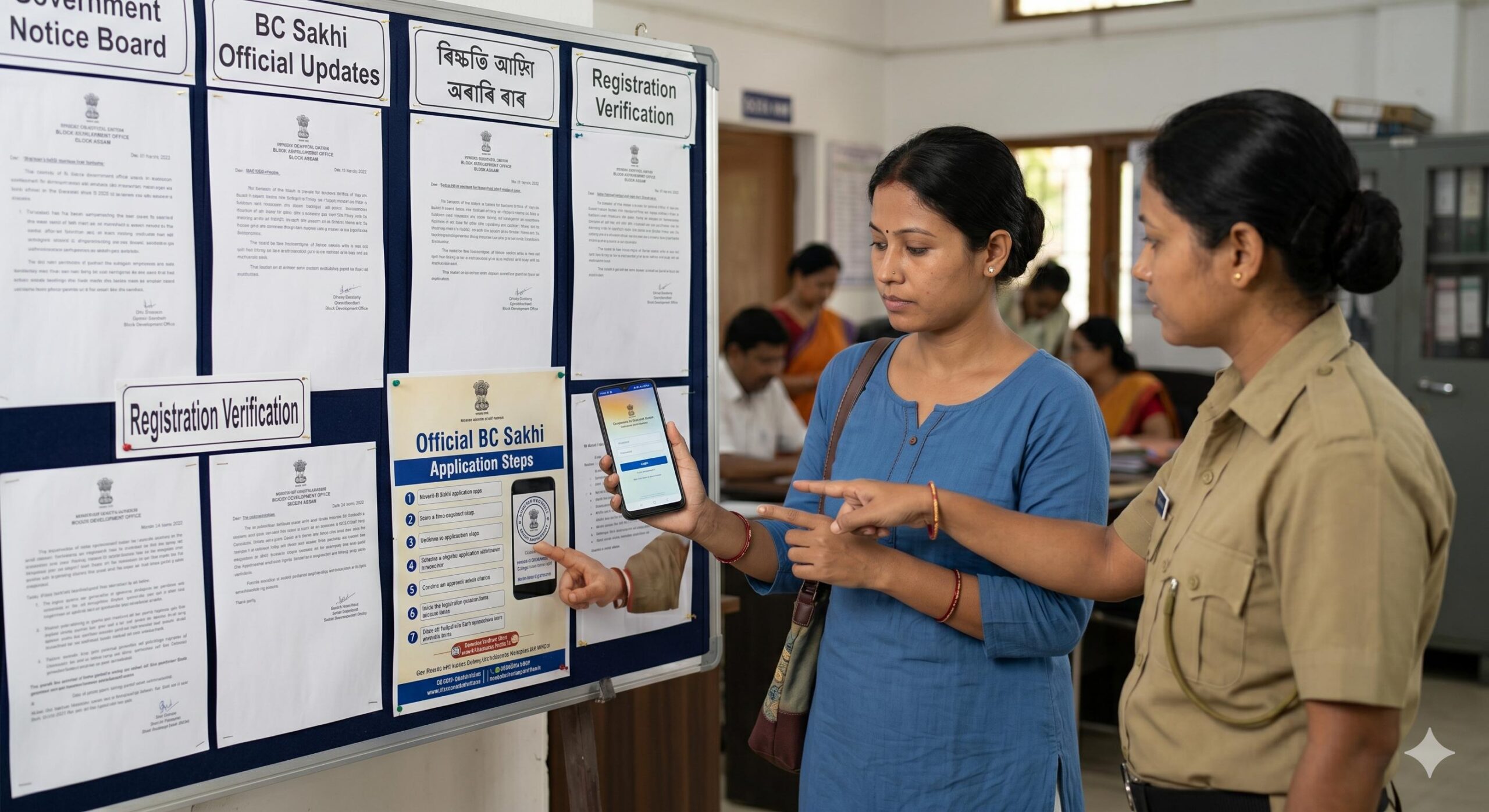 An Indian applicant verifying official BC Sakhi guidelines at a Gram Panchayat office
