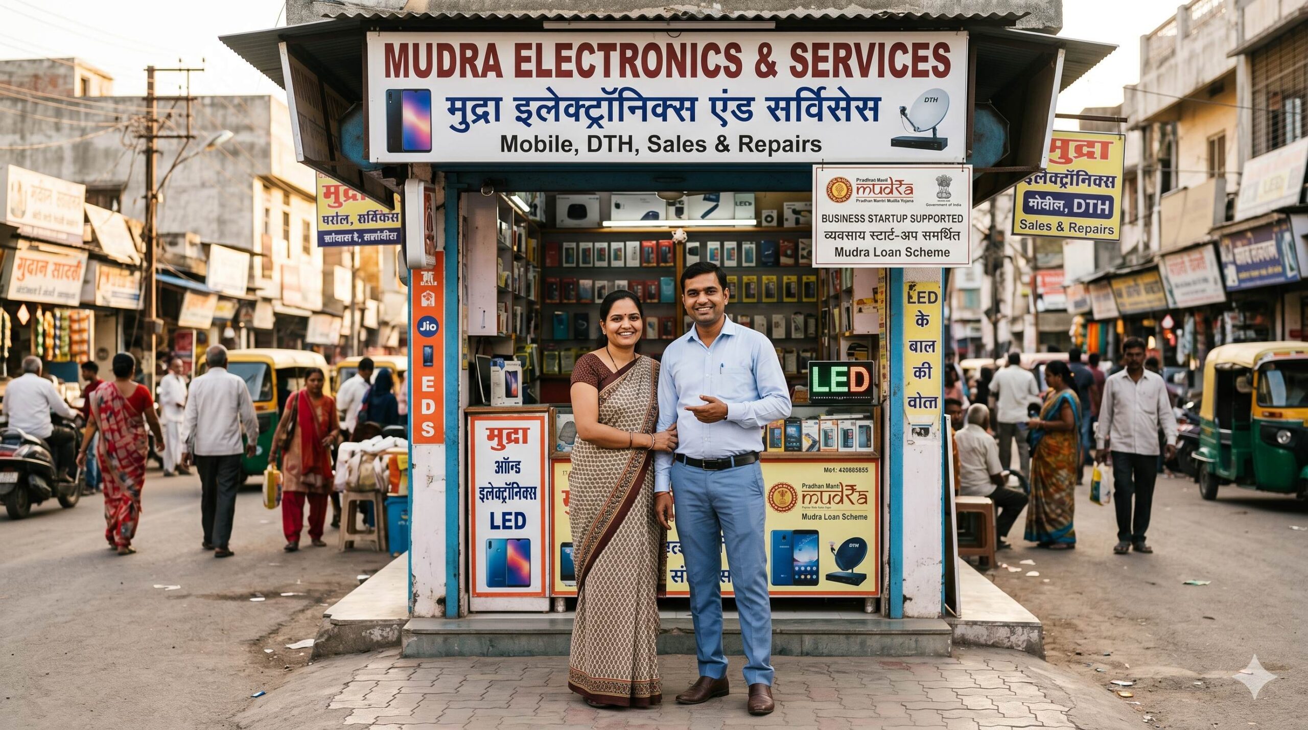 An Indian small business couple outside their thriving retail store.