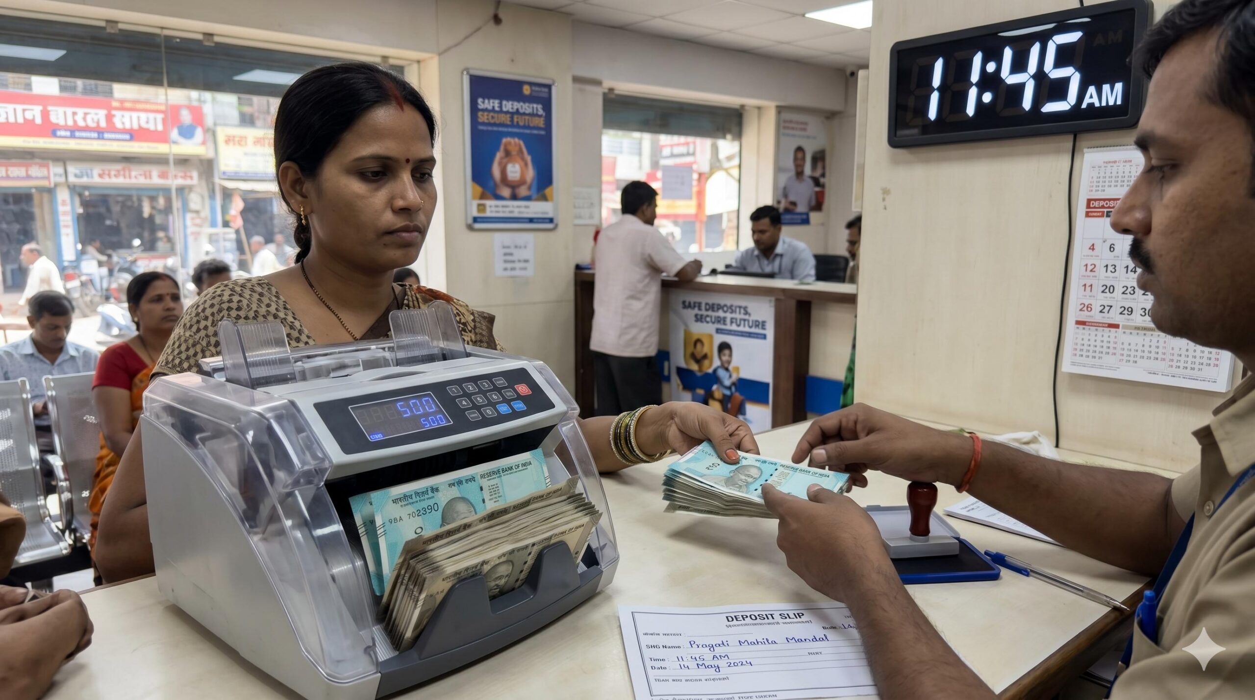 An SHG member actively making a verified cash deposit at a bank teller counter.