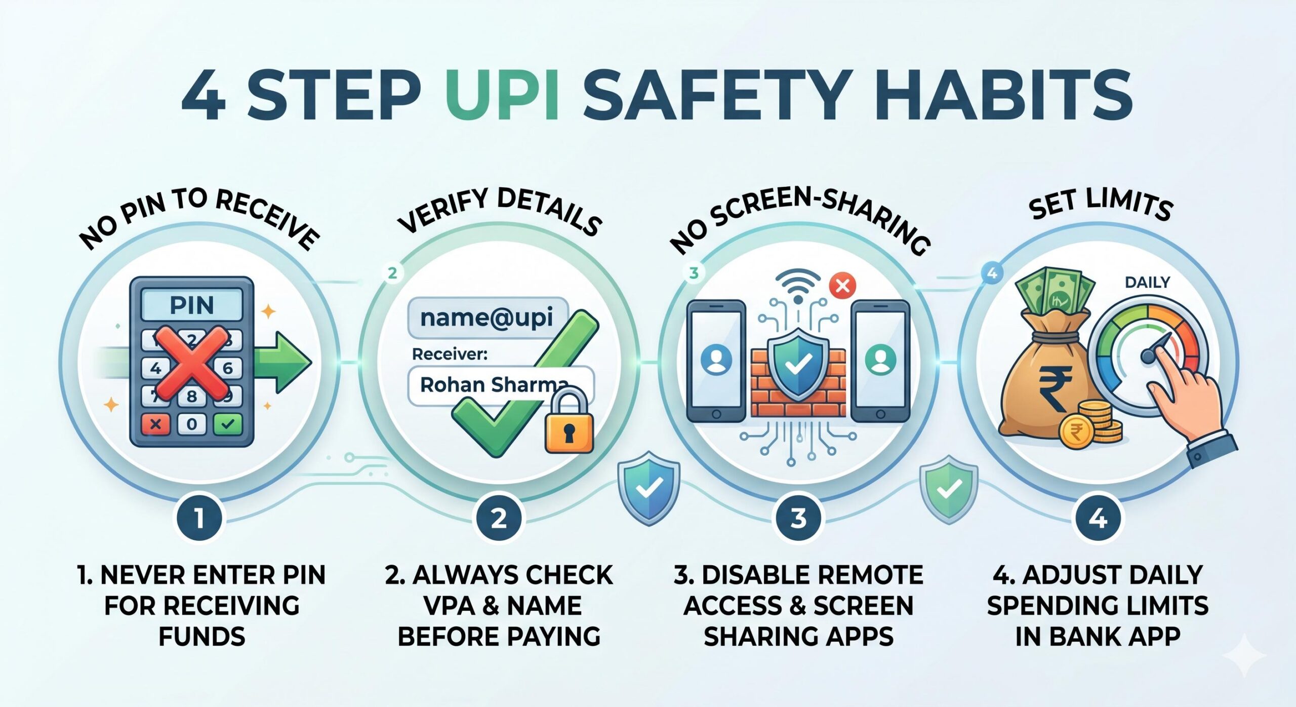 An educational infographic detailing 4 steps for UPI safety.