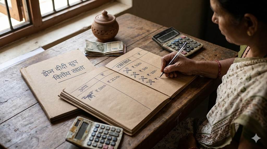 Close-up of Indian women SHG financial ledger for drone maintenance.