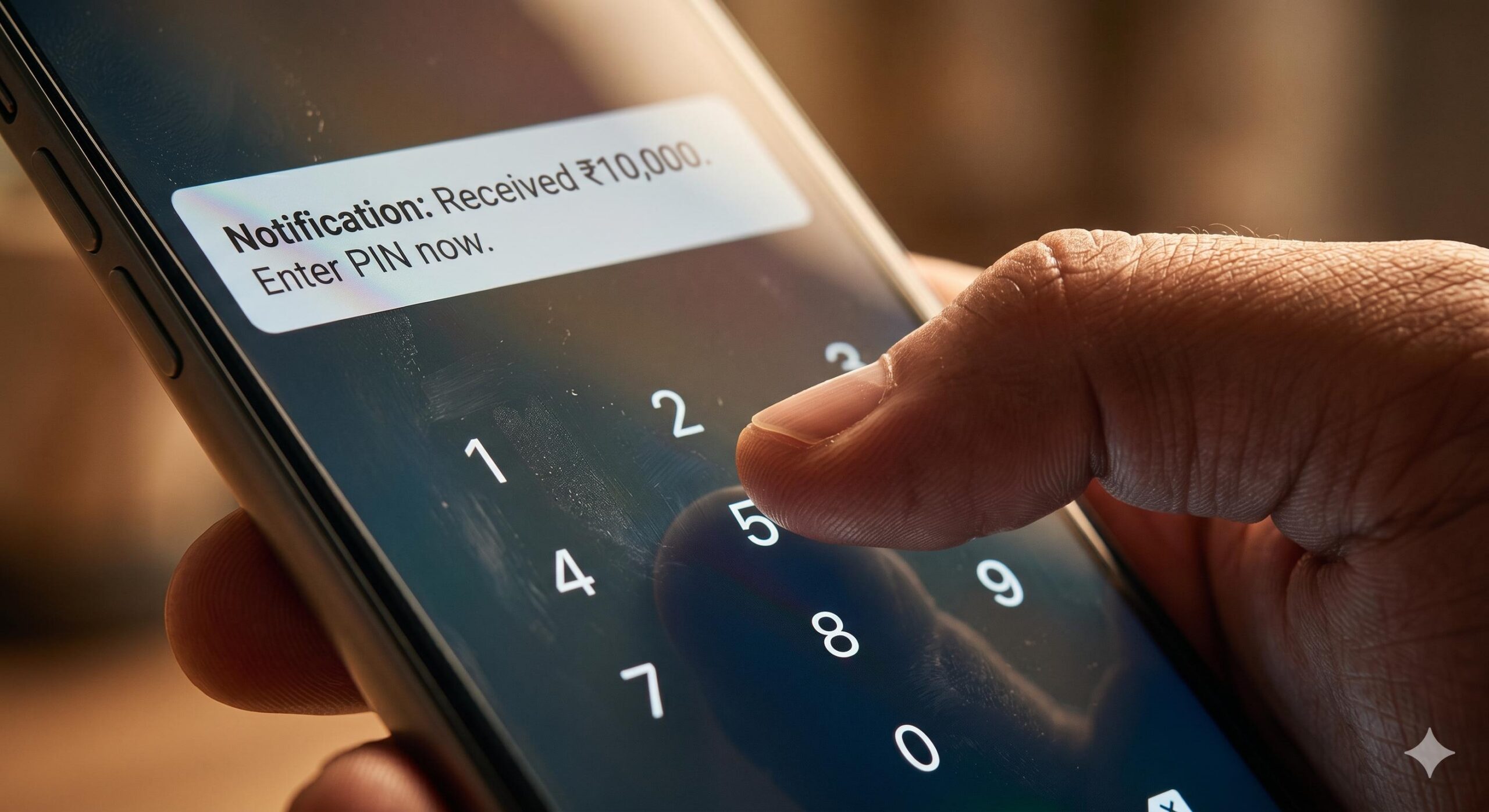 Close-up of a thumb about to enter a PIN on a phone screen.