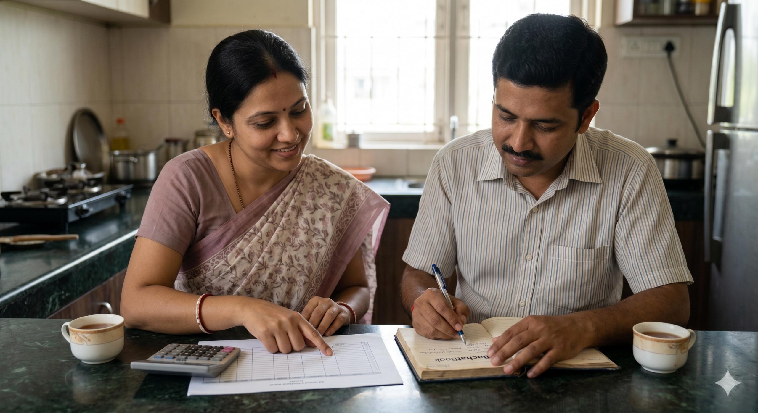 Collaborative Indian couple reviewing monthly bachat and expenses.