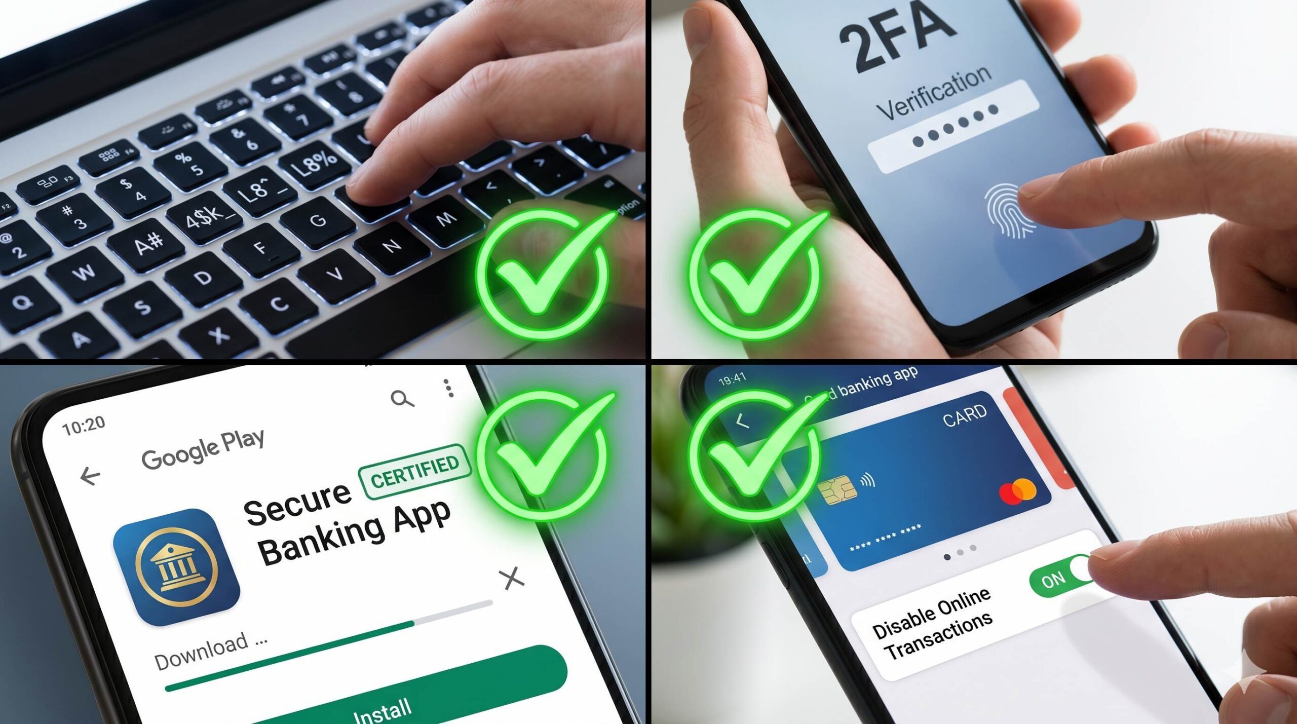 Collage of secure digital banking habits.