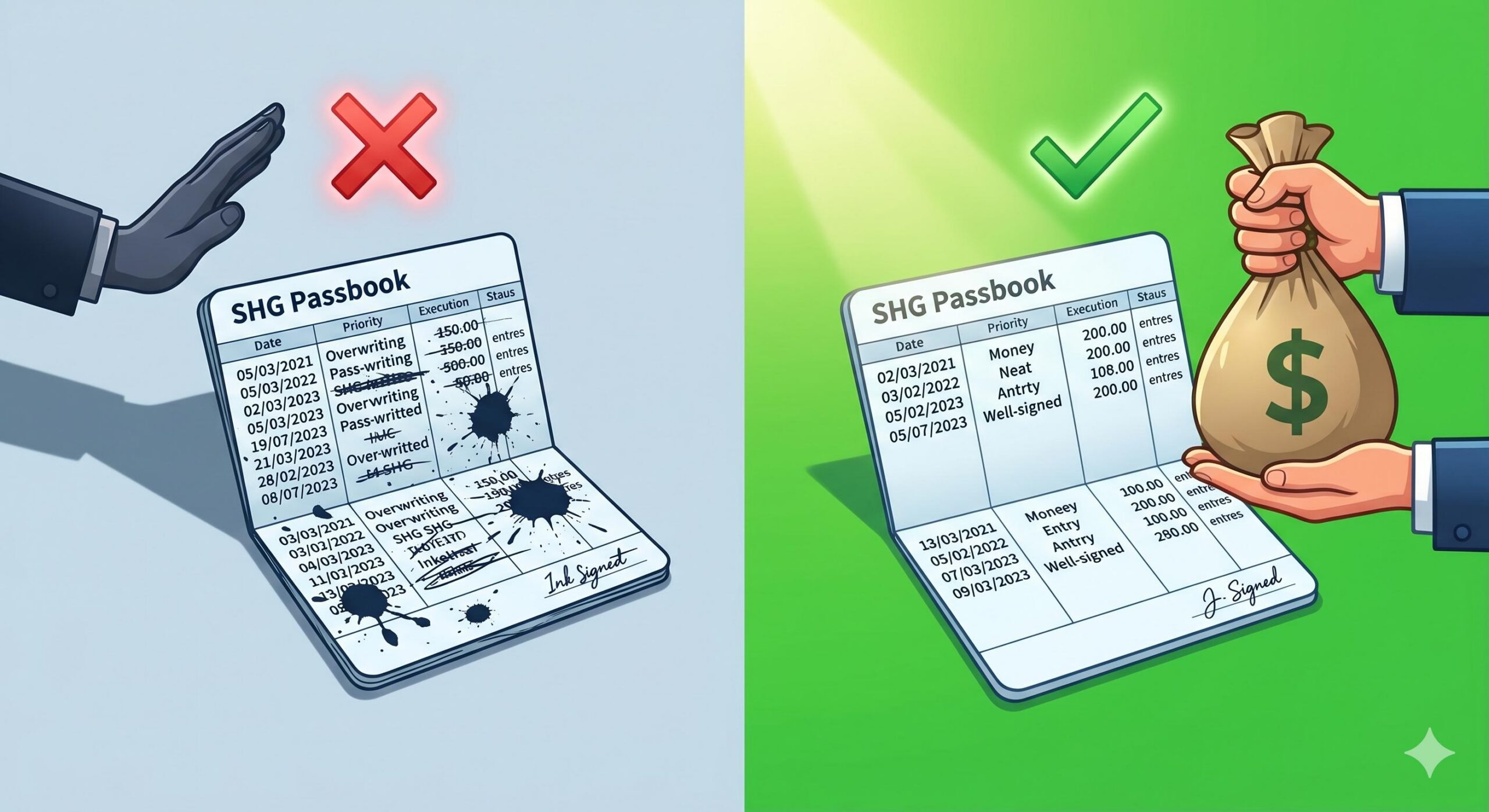 Comparing messy passbook rejection and neat passbook approval.