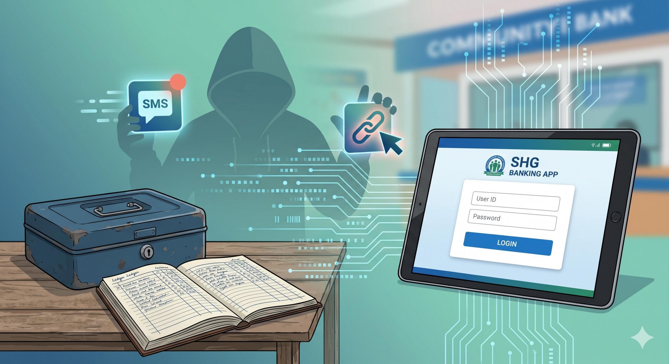 Concept of digital risks and cybercrime threats targeting community savings groups.