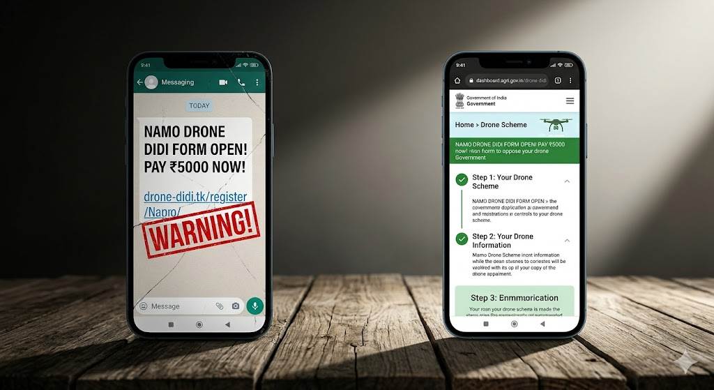 Conceptual image contrasting fake scam messaging with official application website.