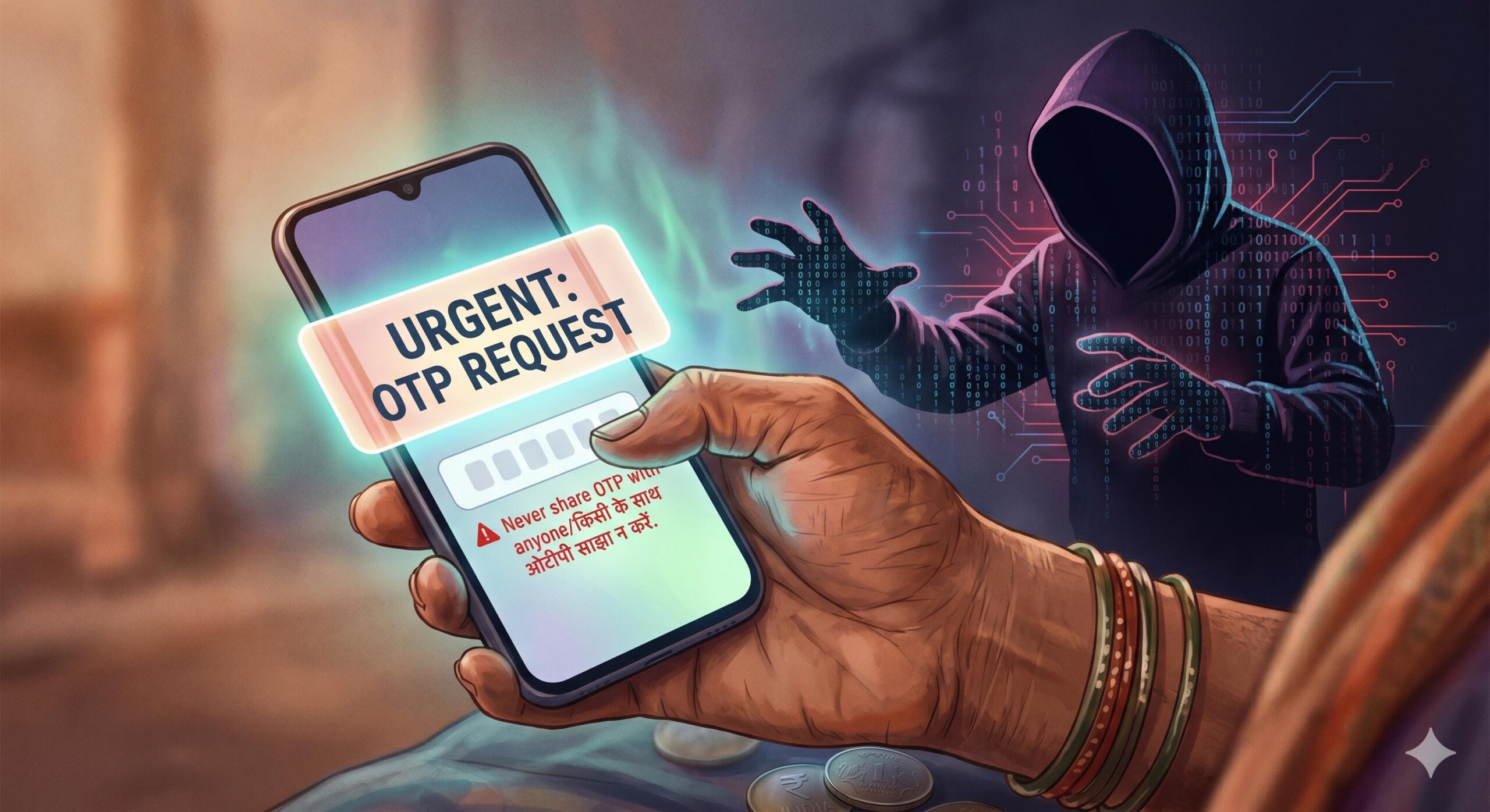 Conceptual warning of digital OTP scams targeting rural Self Help Groups.