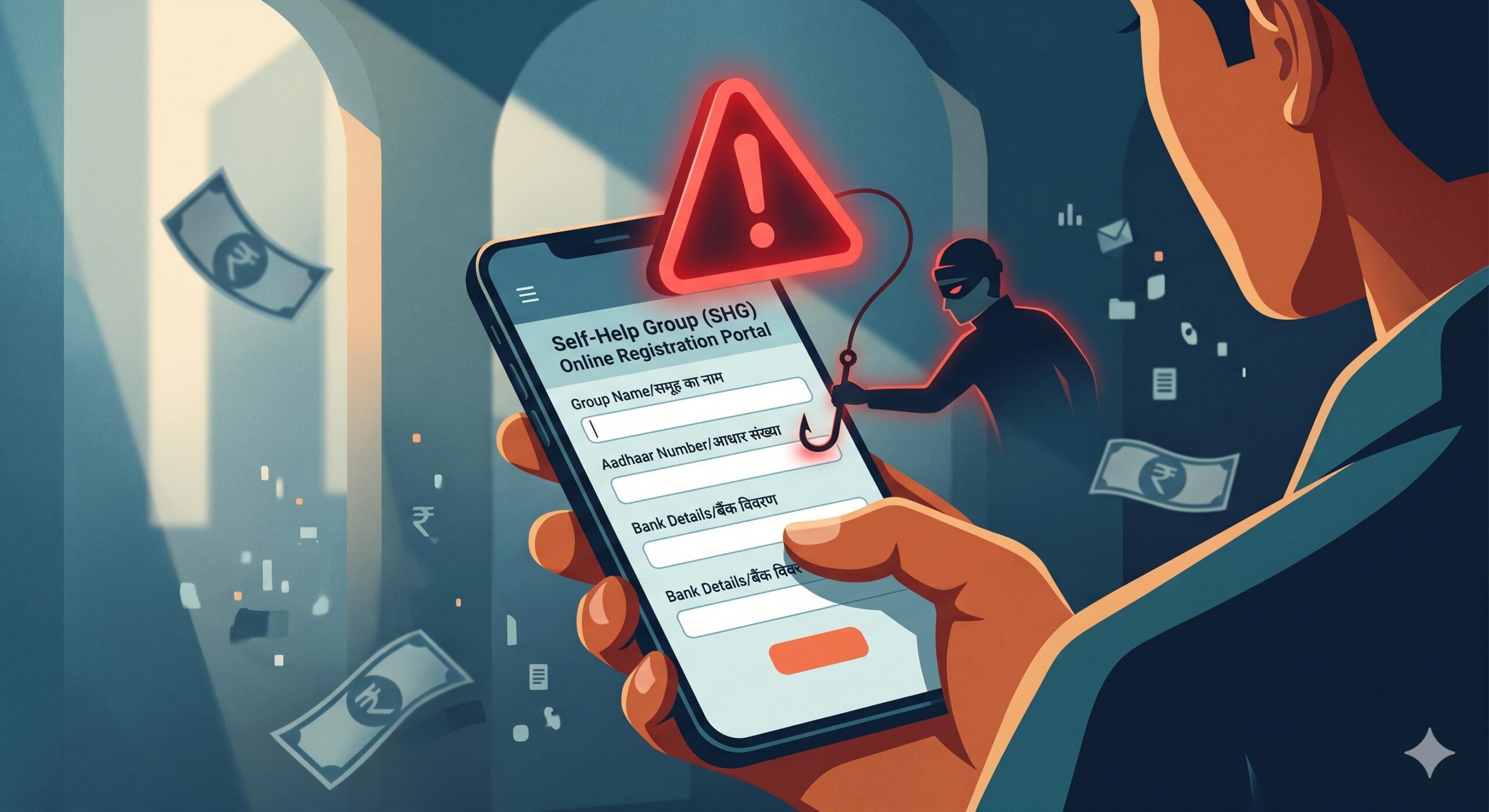 Conceptual warning of financial fraud during online SHG registration.