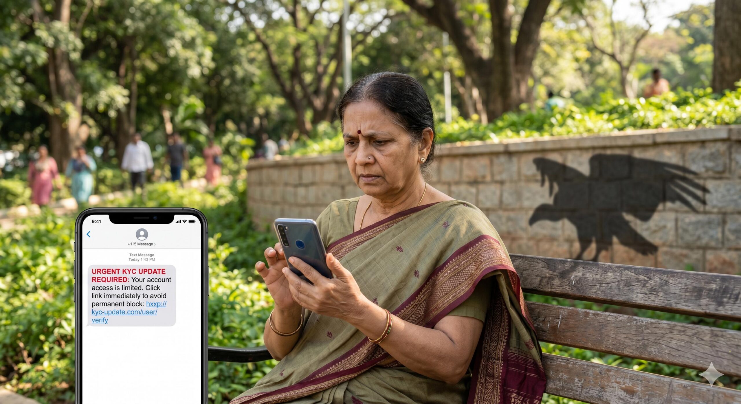 Concerned elderly woman looks at a scam SMS.
