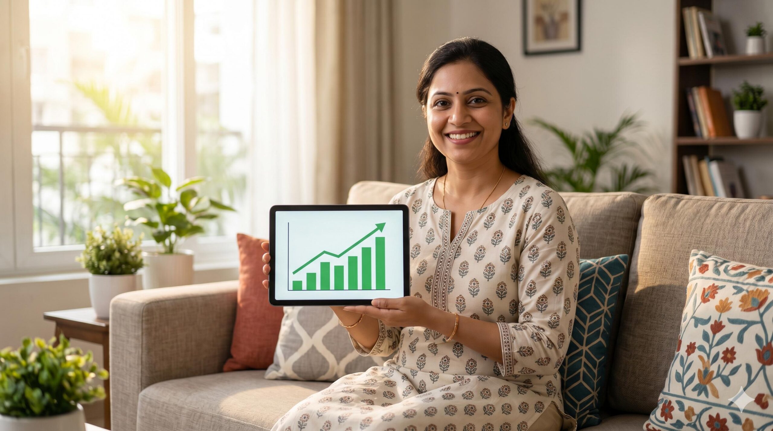 Confident Indian woman managing her personal finances on a digital tablet in her living room.