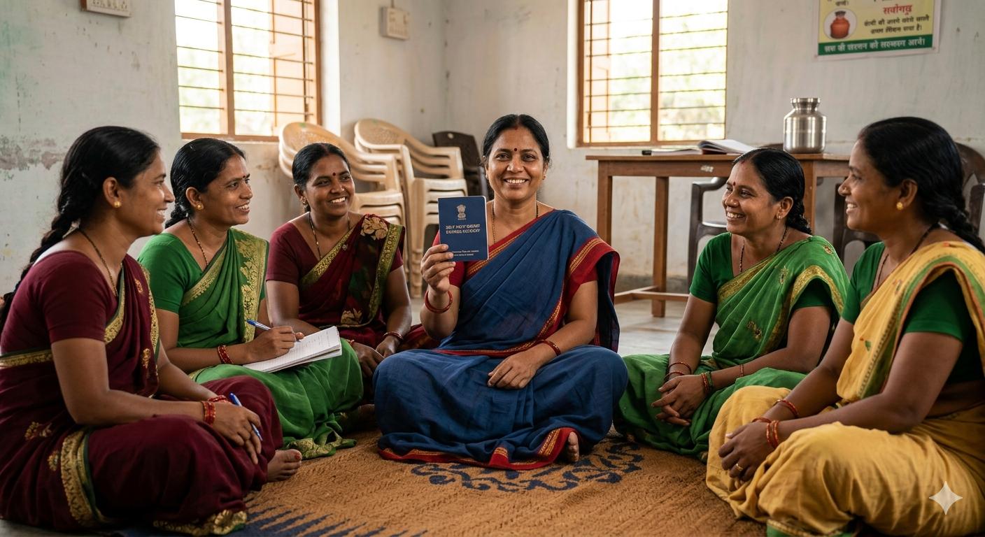 Confident Indian women in a Self Help Group meeting holding a bank passbook.
