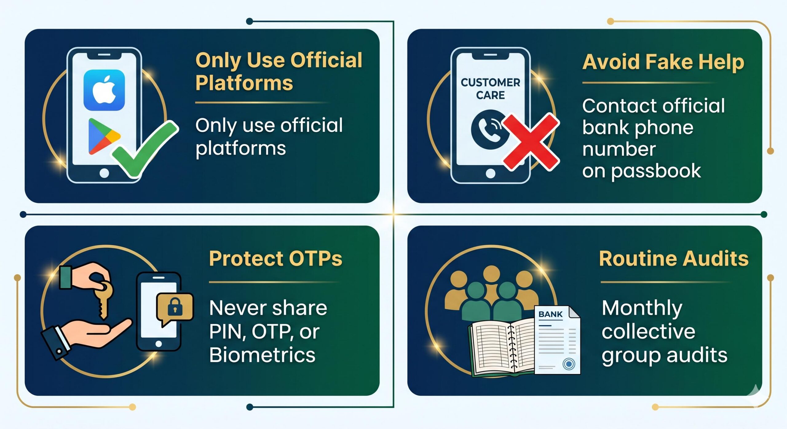 Educational infographic showing four safe digital financial habits for Indian savings groups.