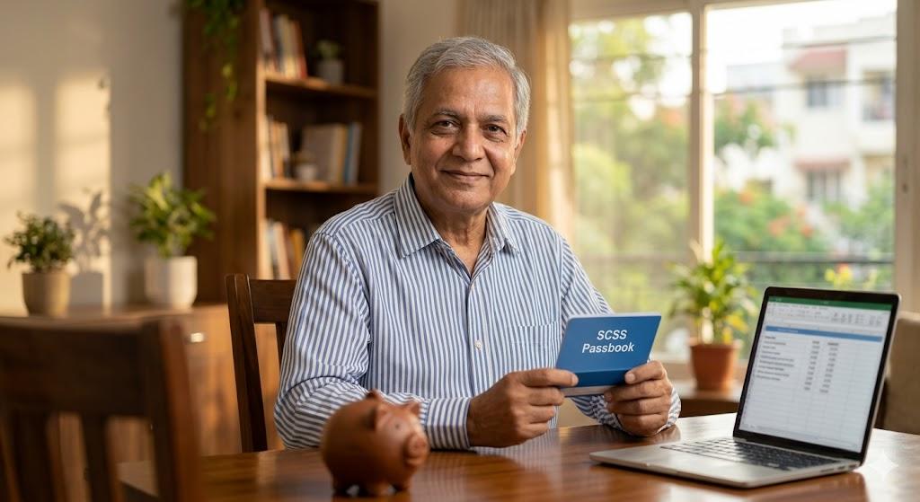 Elder Indian man smiles holding SCSS passbook.