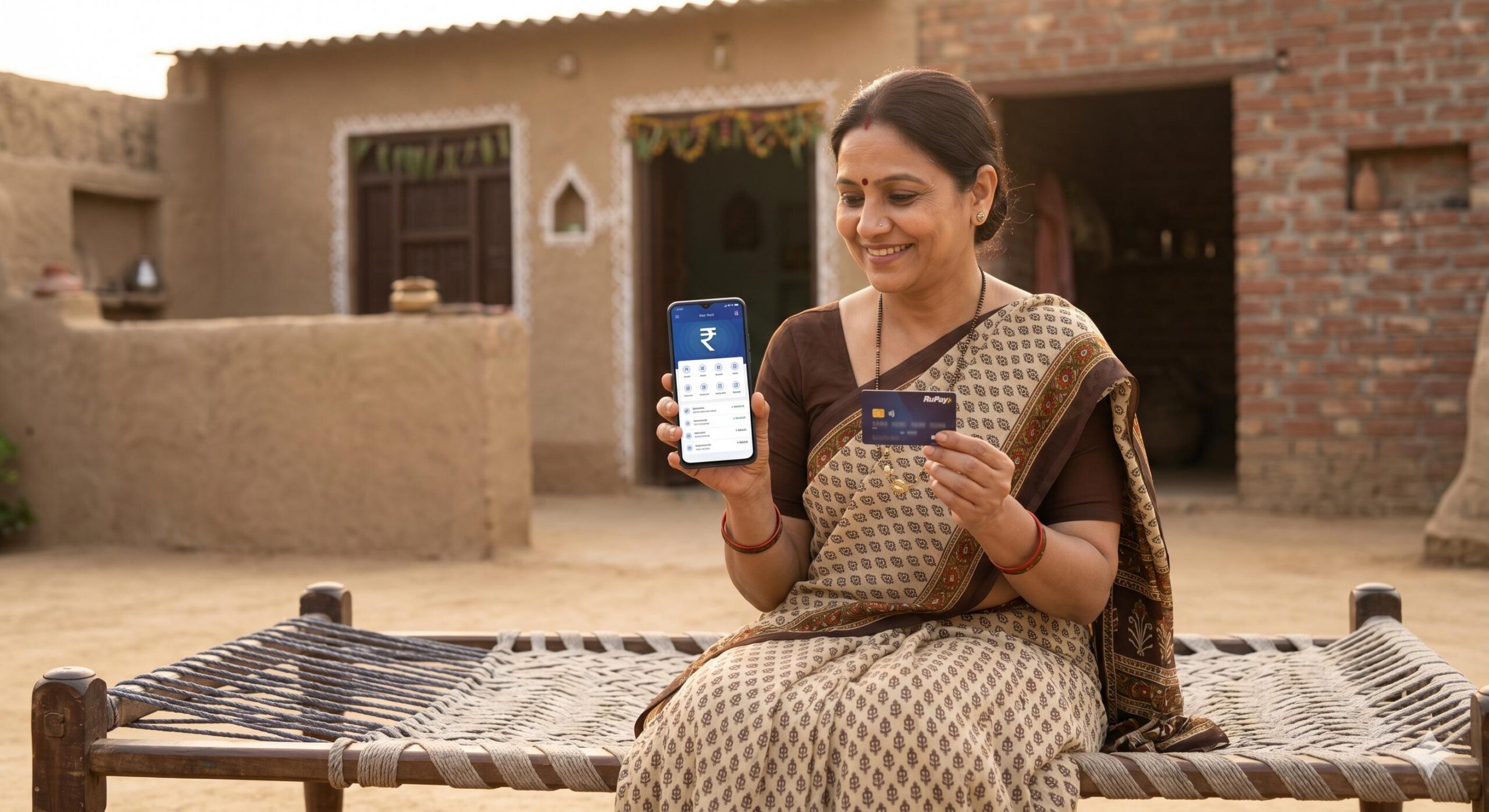 Empowered rural Indian woman using mobile banking confidently.`