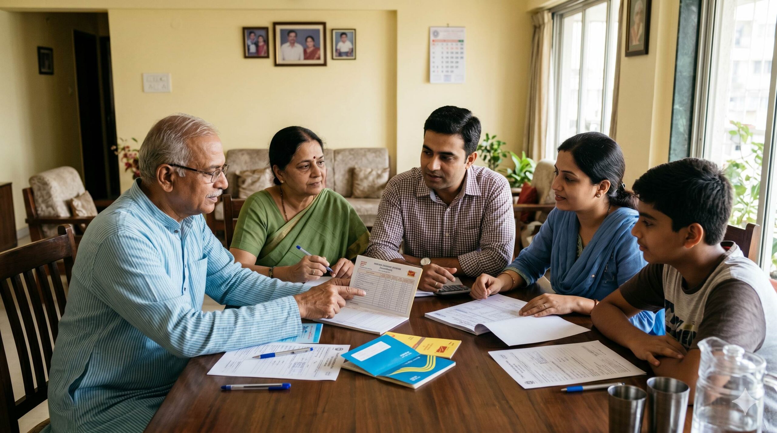 Family looking securely at Post Office savings.