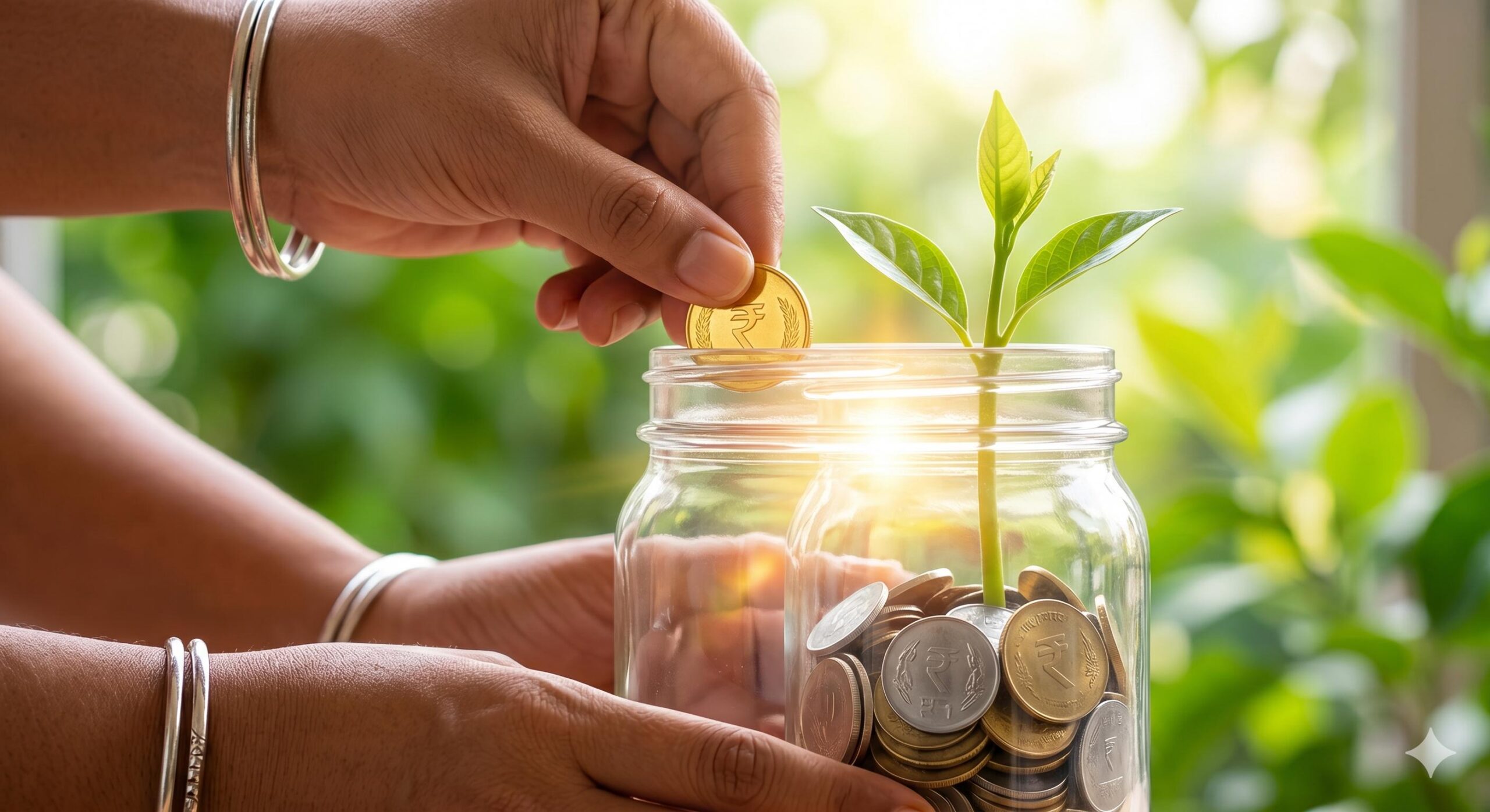 Female hands putting a coin into a glass jar with a growing green plant inside, symbolizing safe savings.