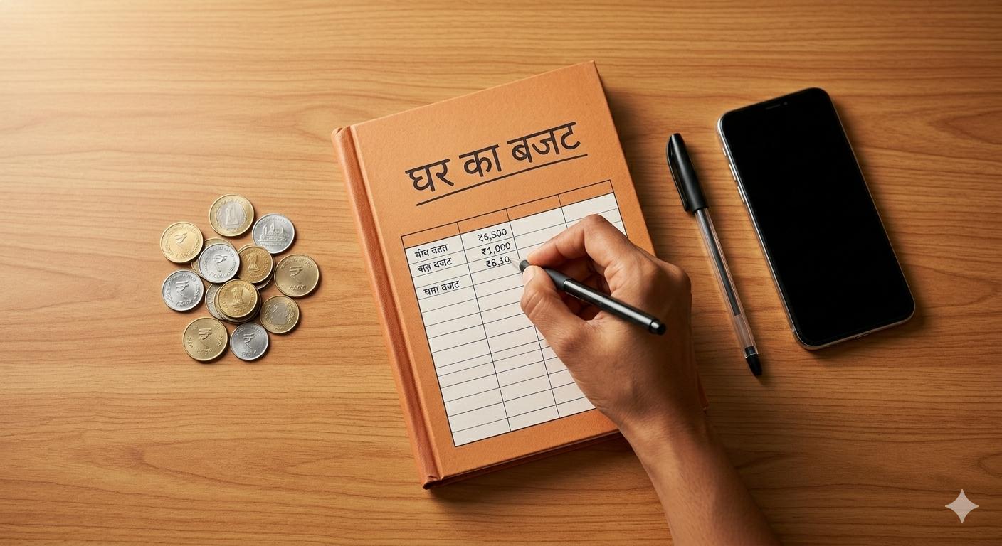 Hand writing in a traditional ledger book labeled with Hindi text for household budgeting. (1)