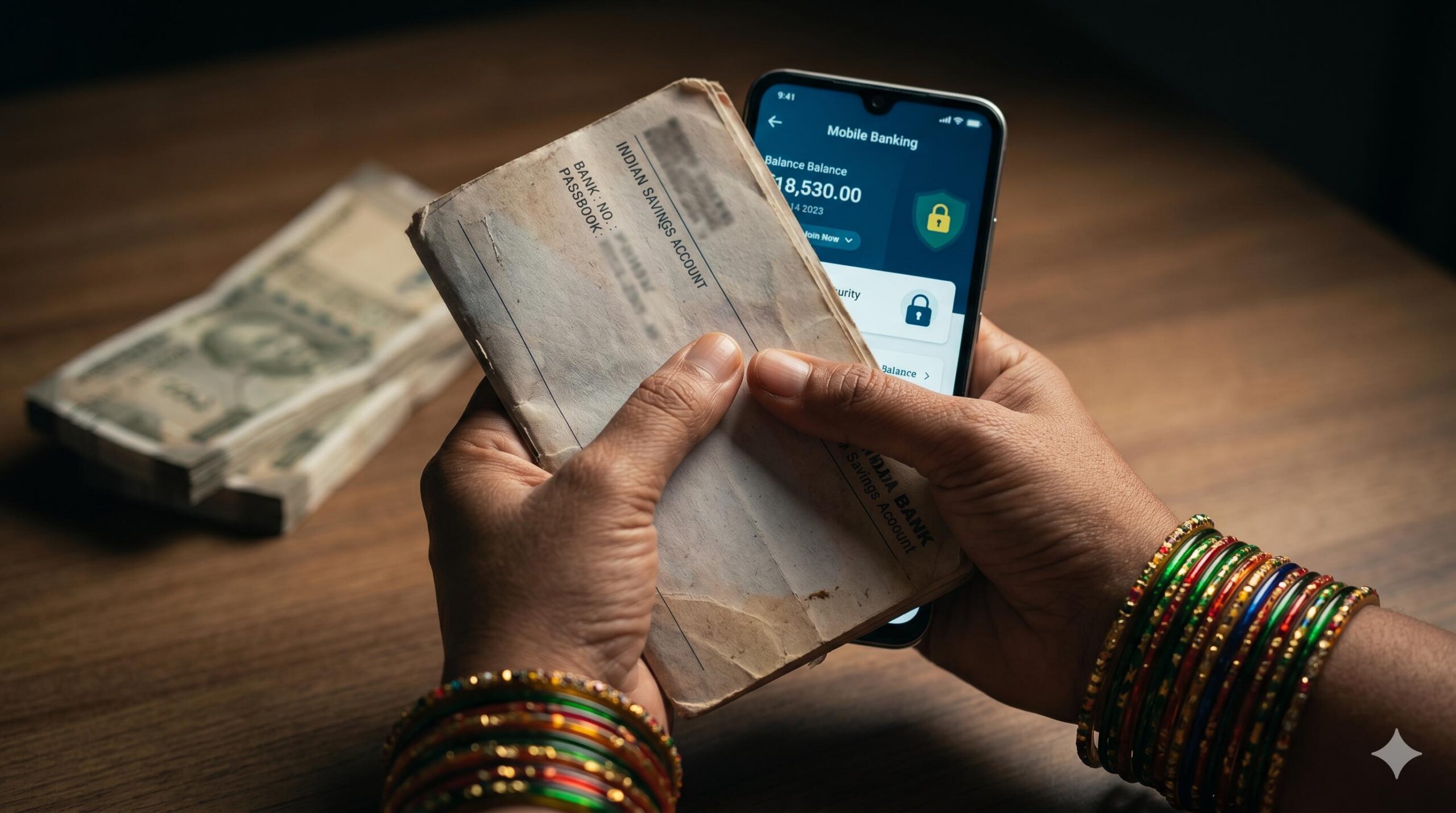 Hands holding a bank passbook and smartphone representing secure money management.