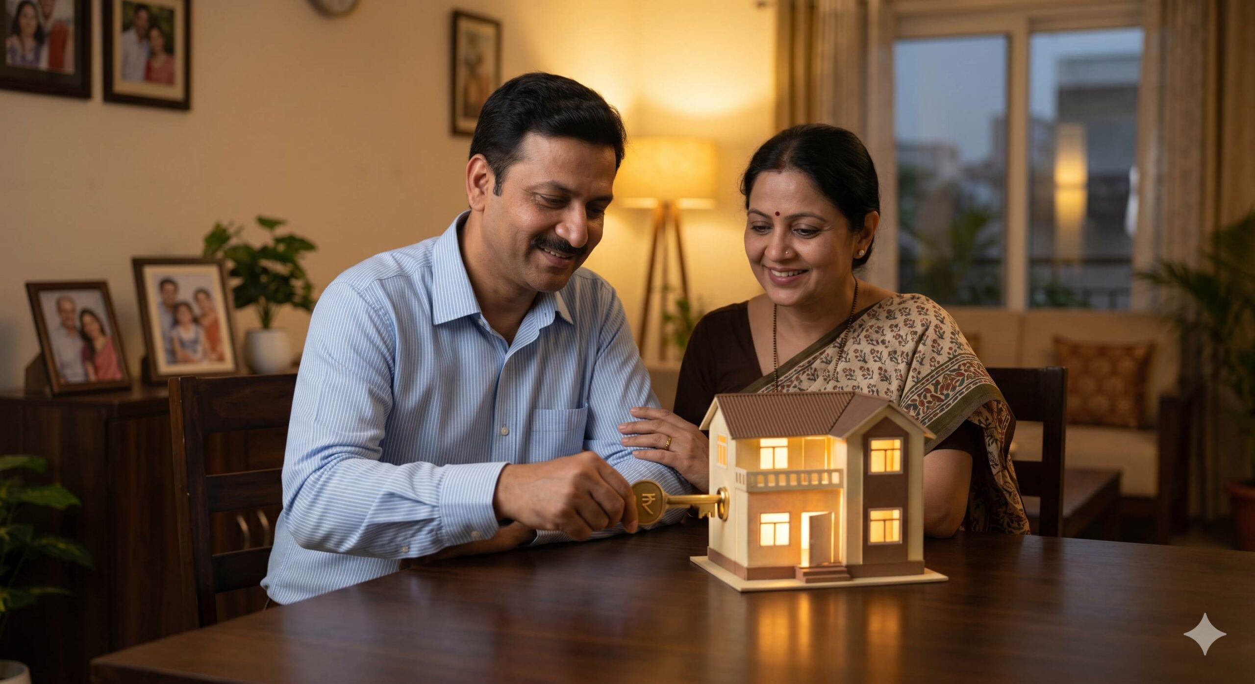 Happy Indian couple unlocking a glowing miniature house model with a large brass rupee key.