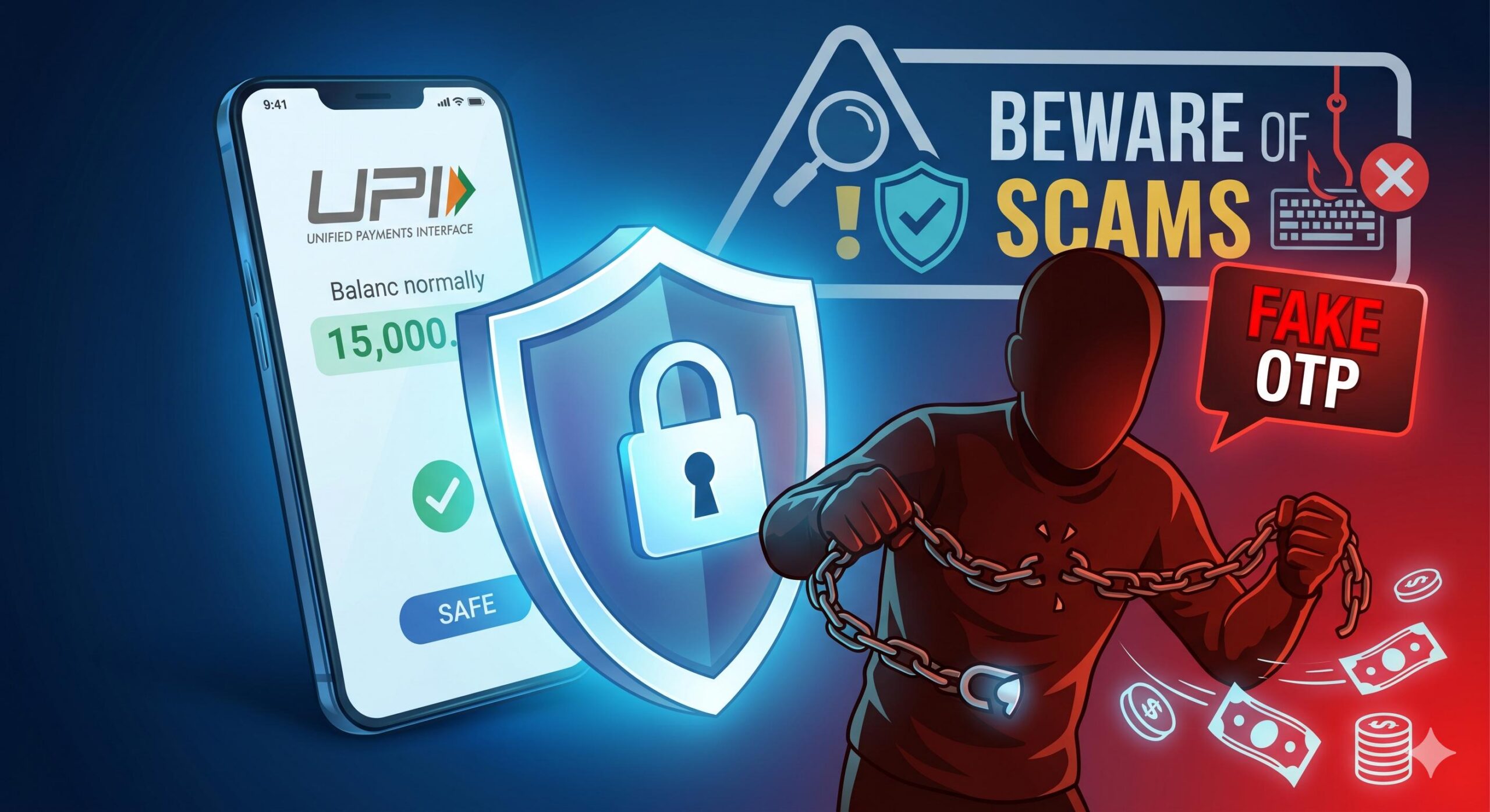 Illustrative concept of a digital shield blocking a financial scam