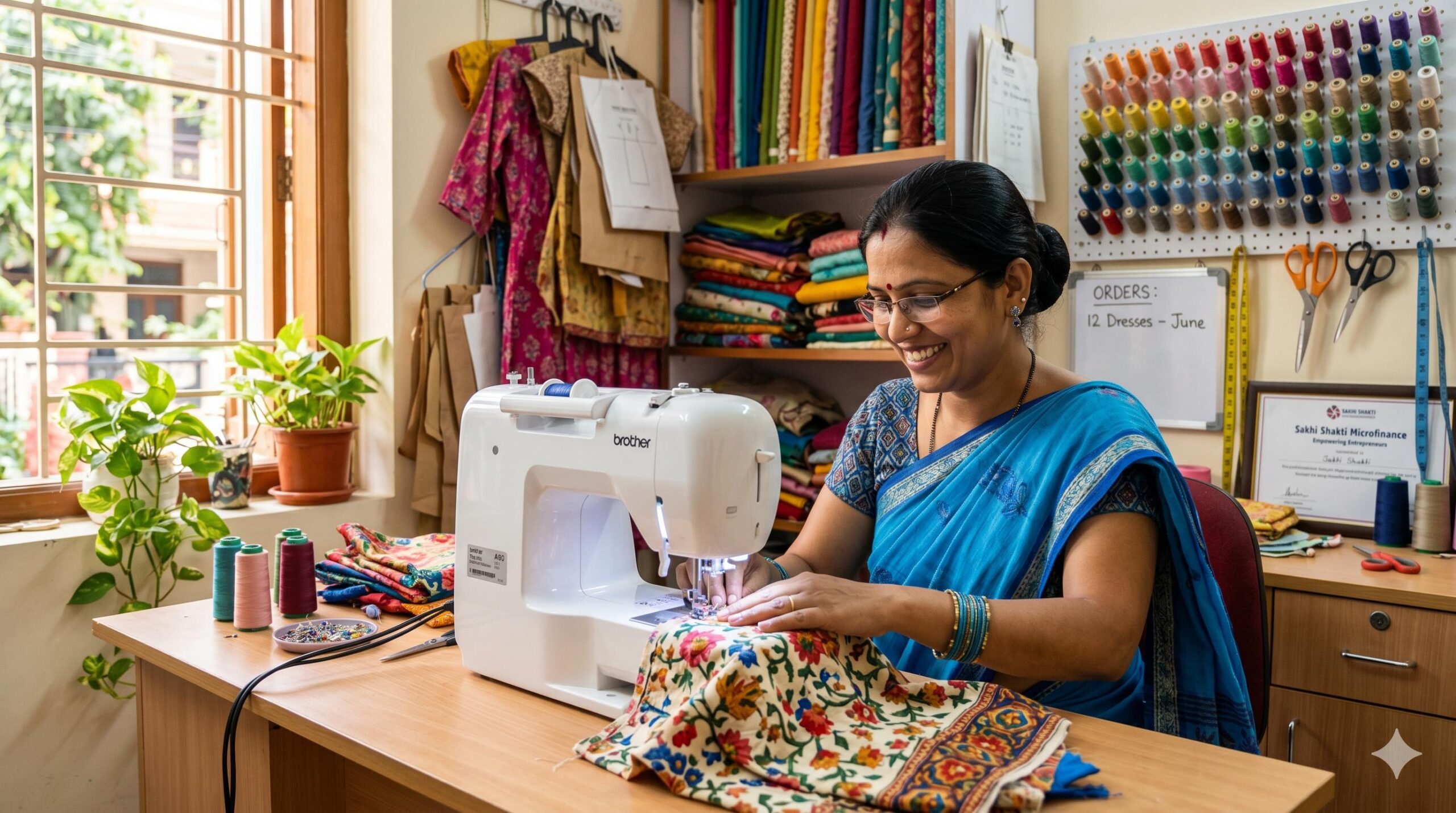 Independent Indian woman running a home tailoring business funded by a savings group loan.