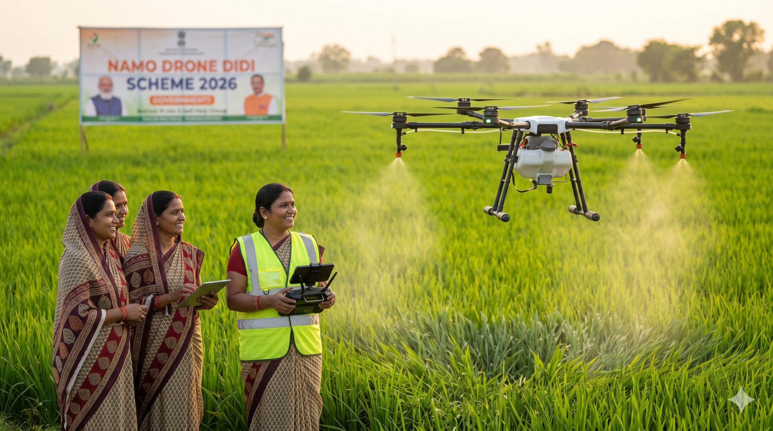 Indian Women SHG members operating agricultural drone in 2026.