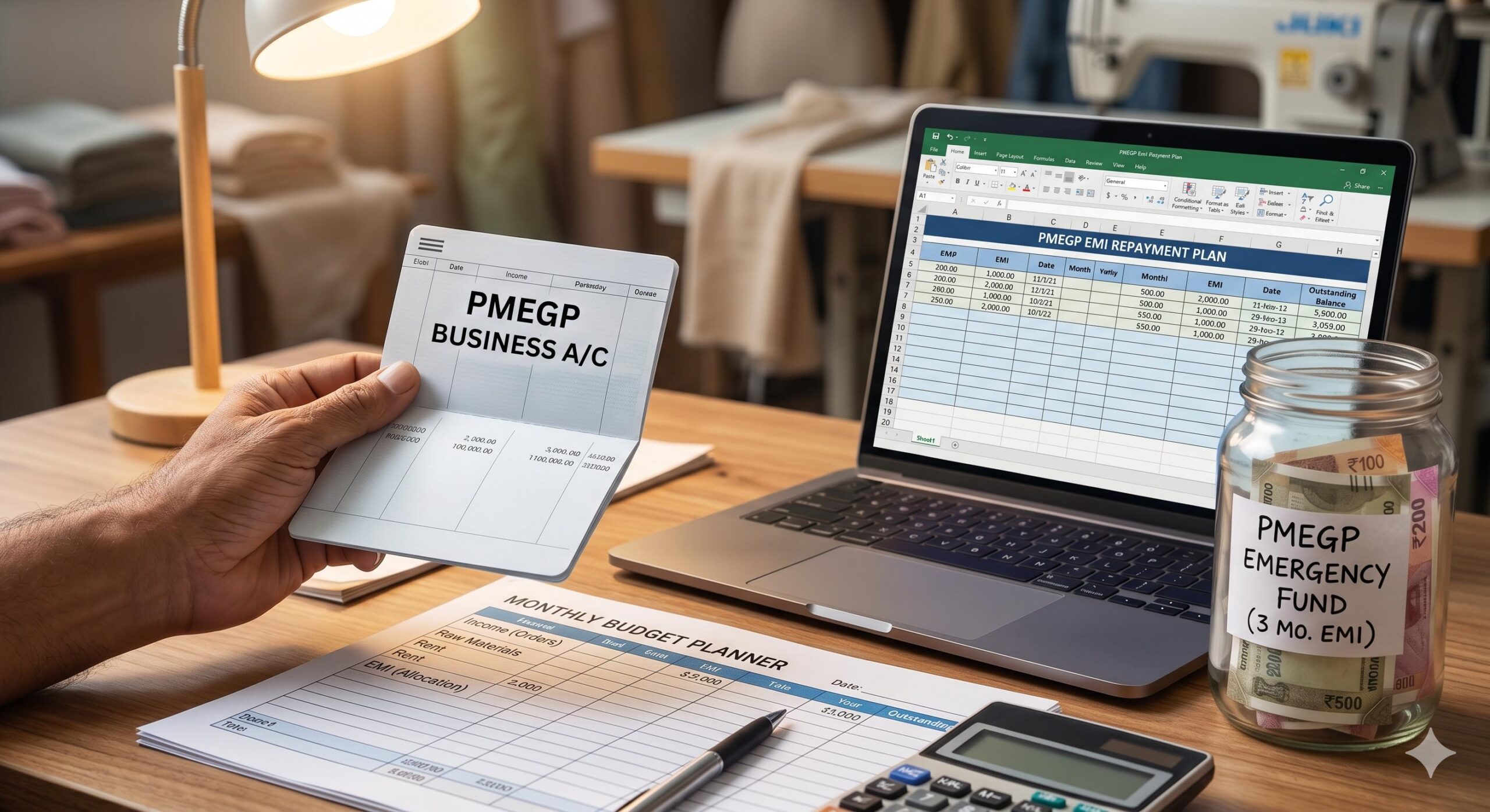Indian entrepreneur planning PMEGP loan repayment.