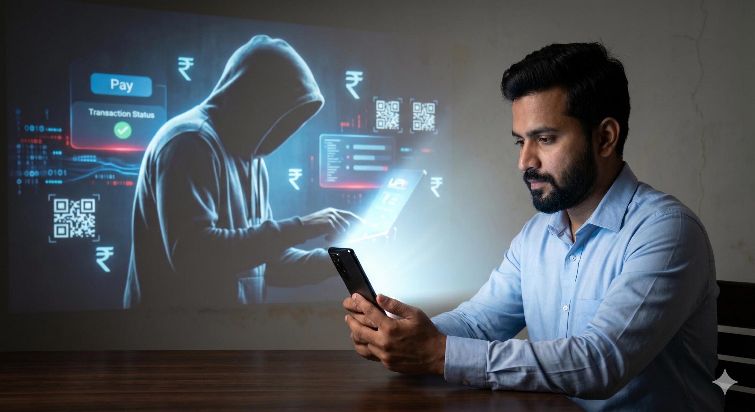 Indian professional’s phone casting a shadow of a cyber criminal on the wall.