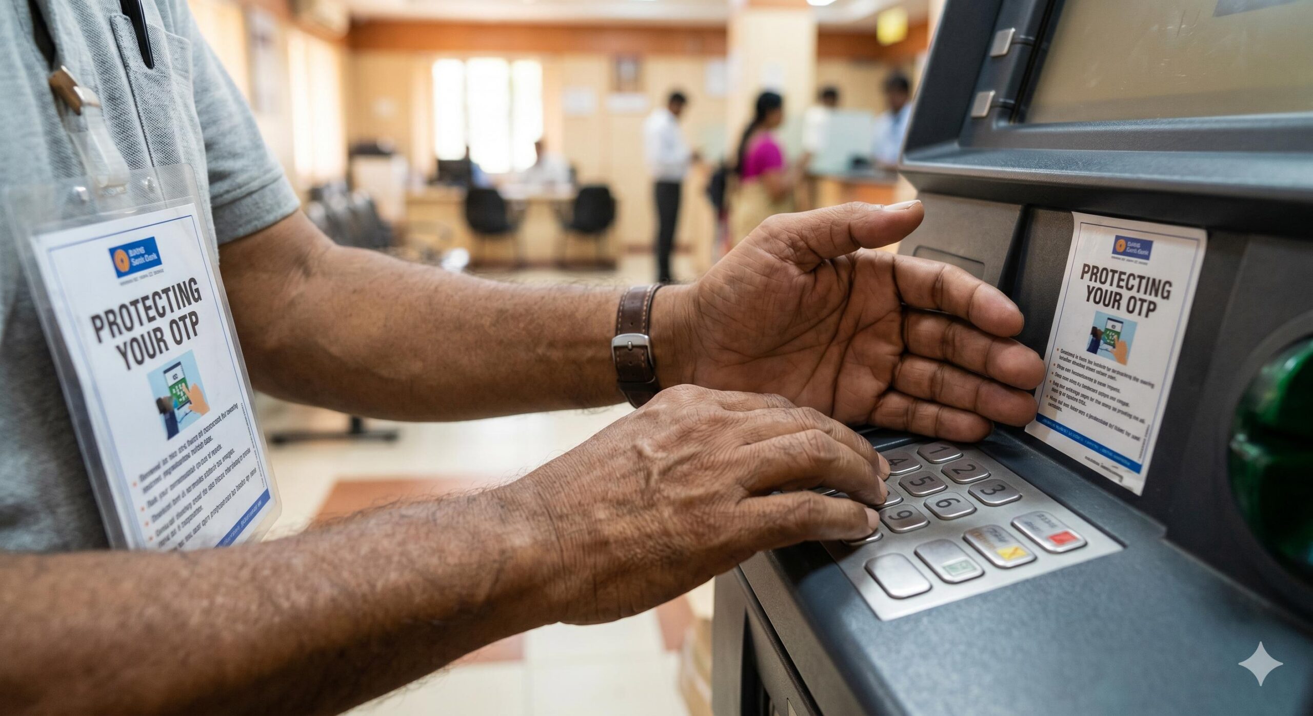 Indian senior shielding PIN pad for security.