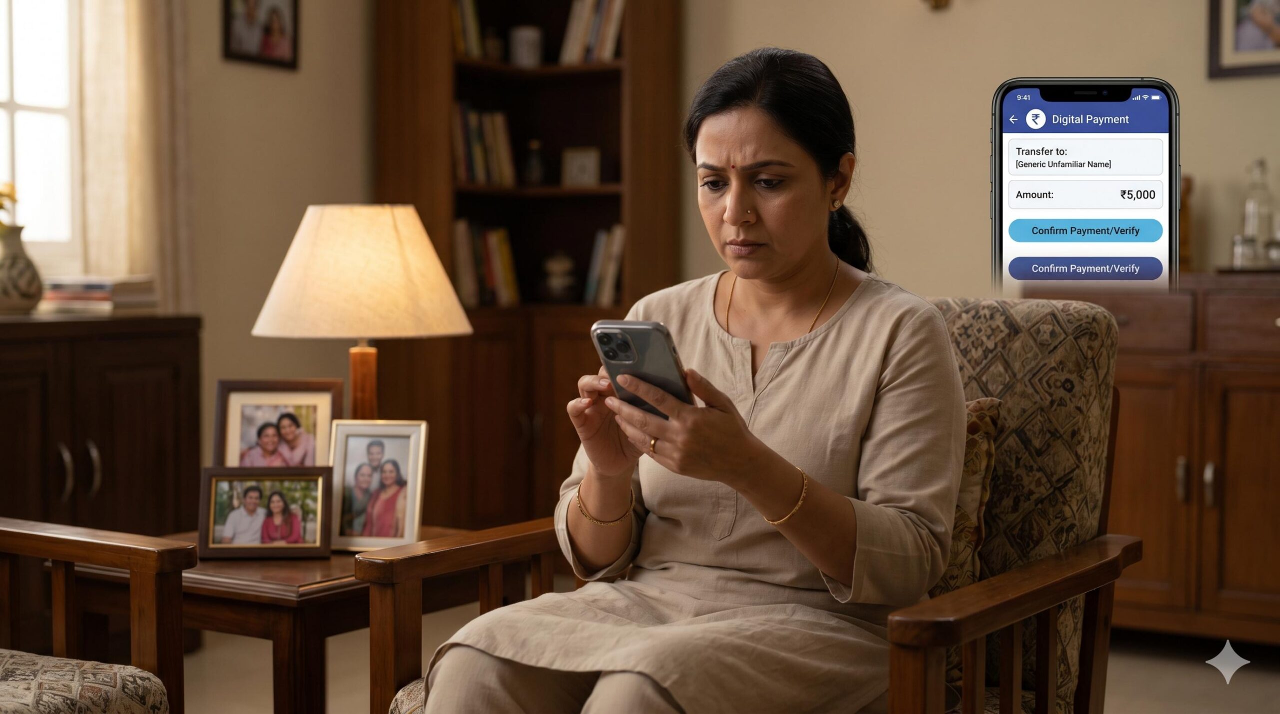 Indian woman carefully checking a UPI payment on her smartphone to prevent fraud.