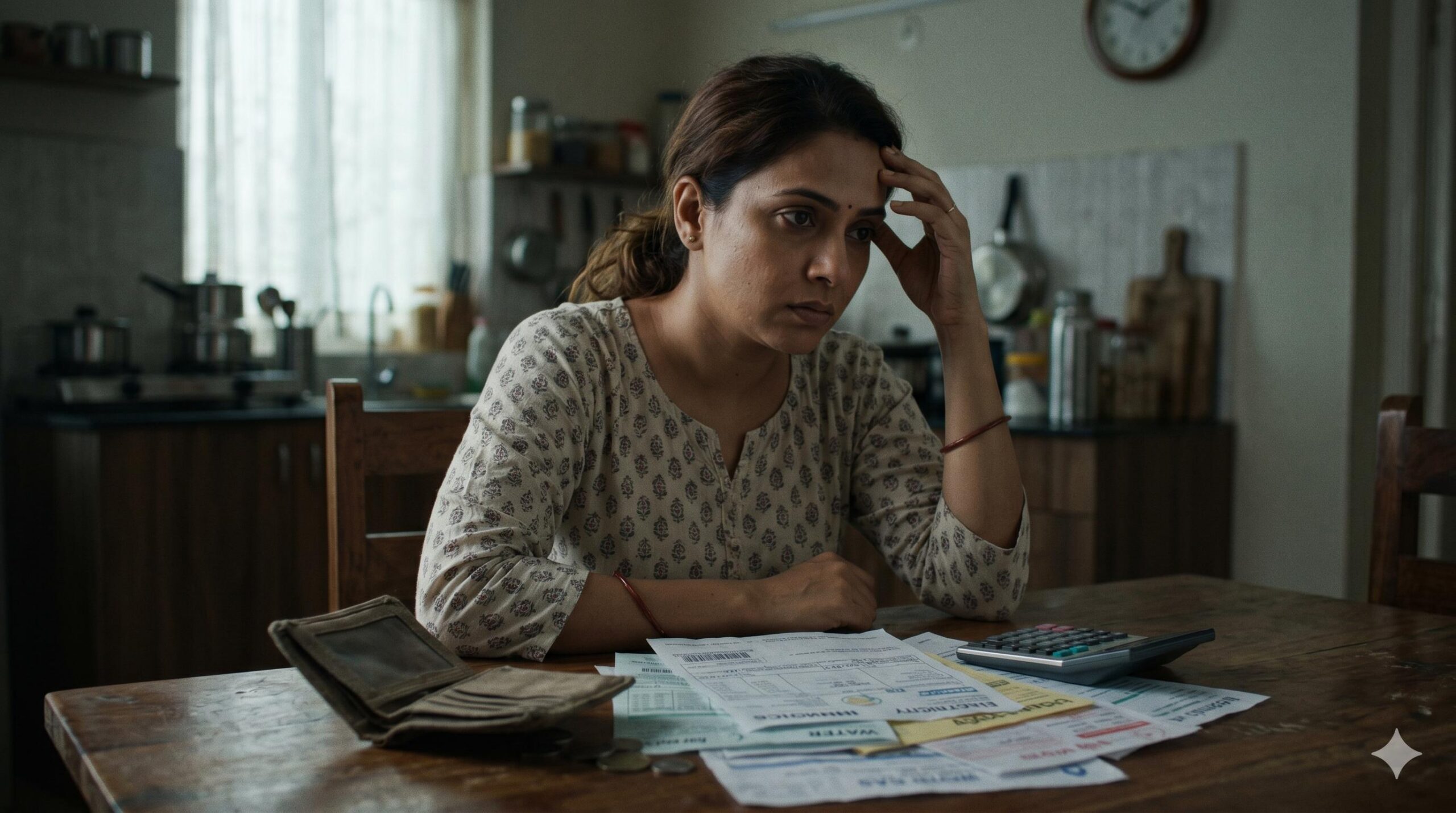 Indian woman looking thoughtfully at household bills and a calculator on a table.