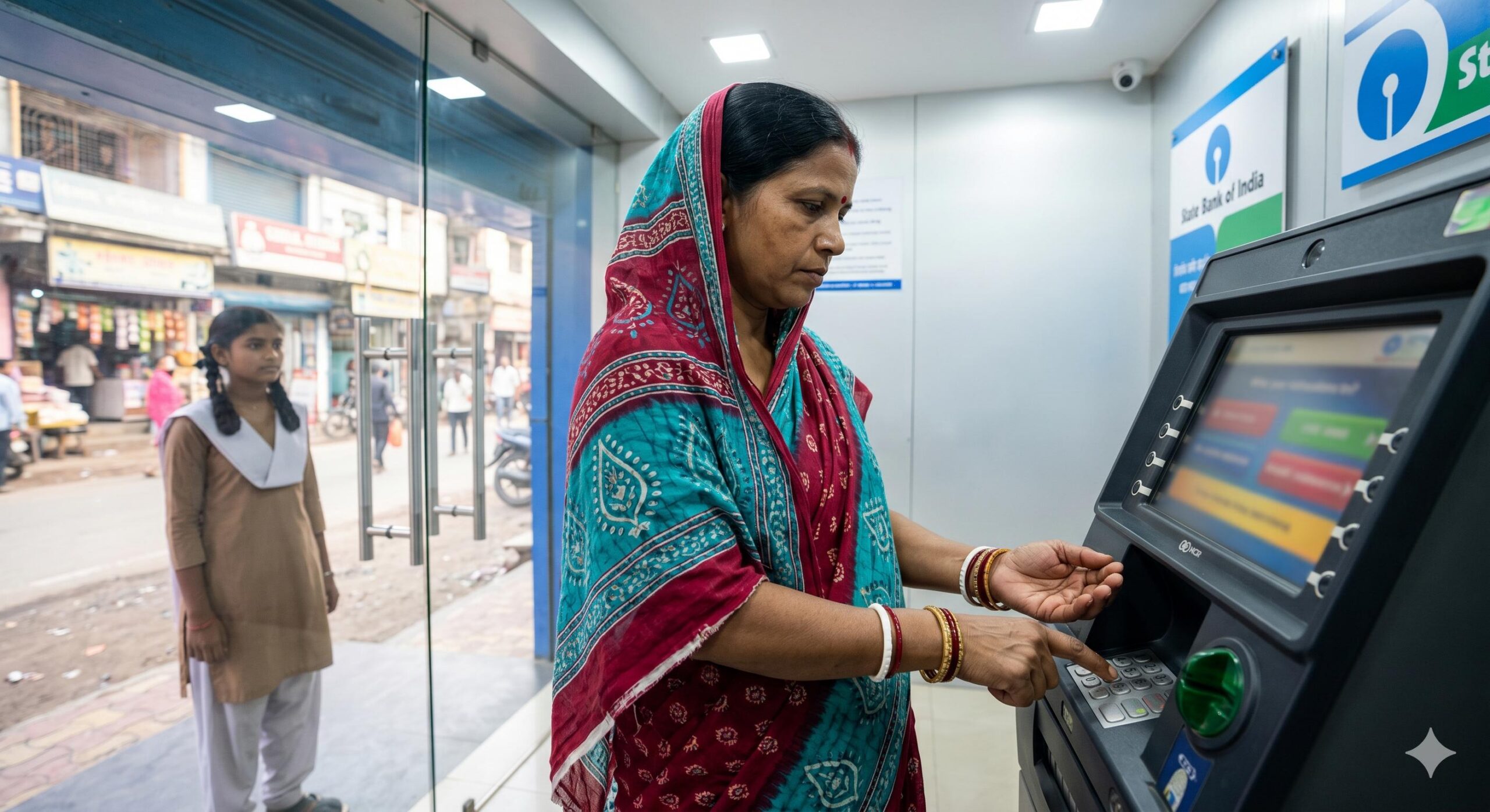 Indian woman shielding the keypad while typing ATM PIN for security.