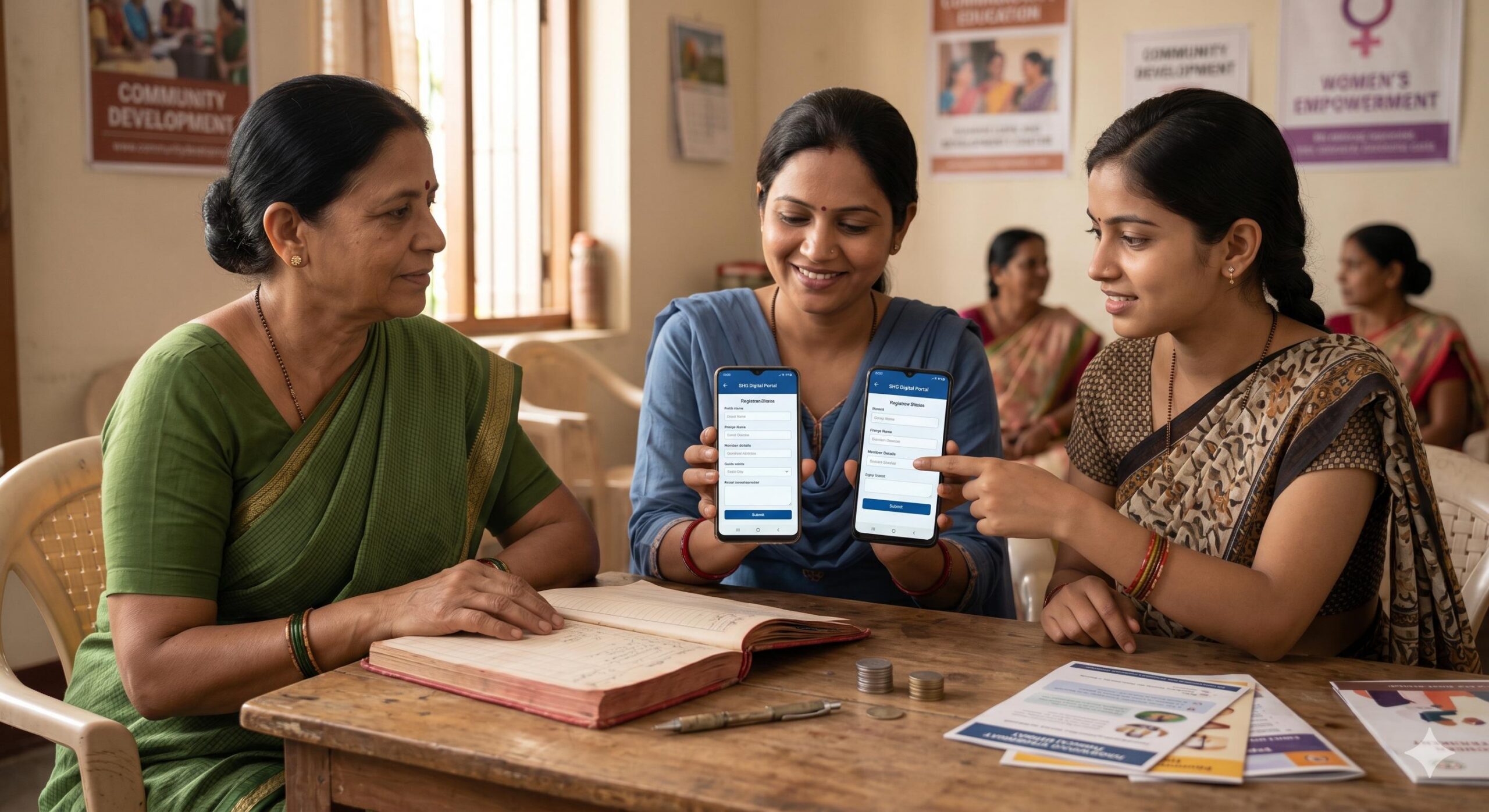 Indian women in a Self Help Group using a smartphone for online registration.