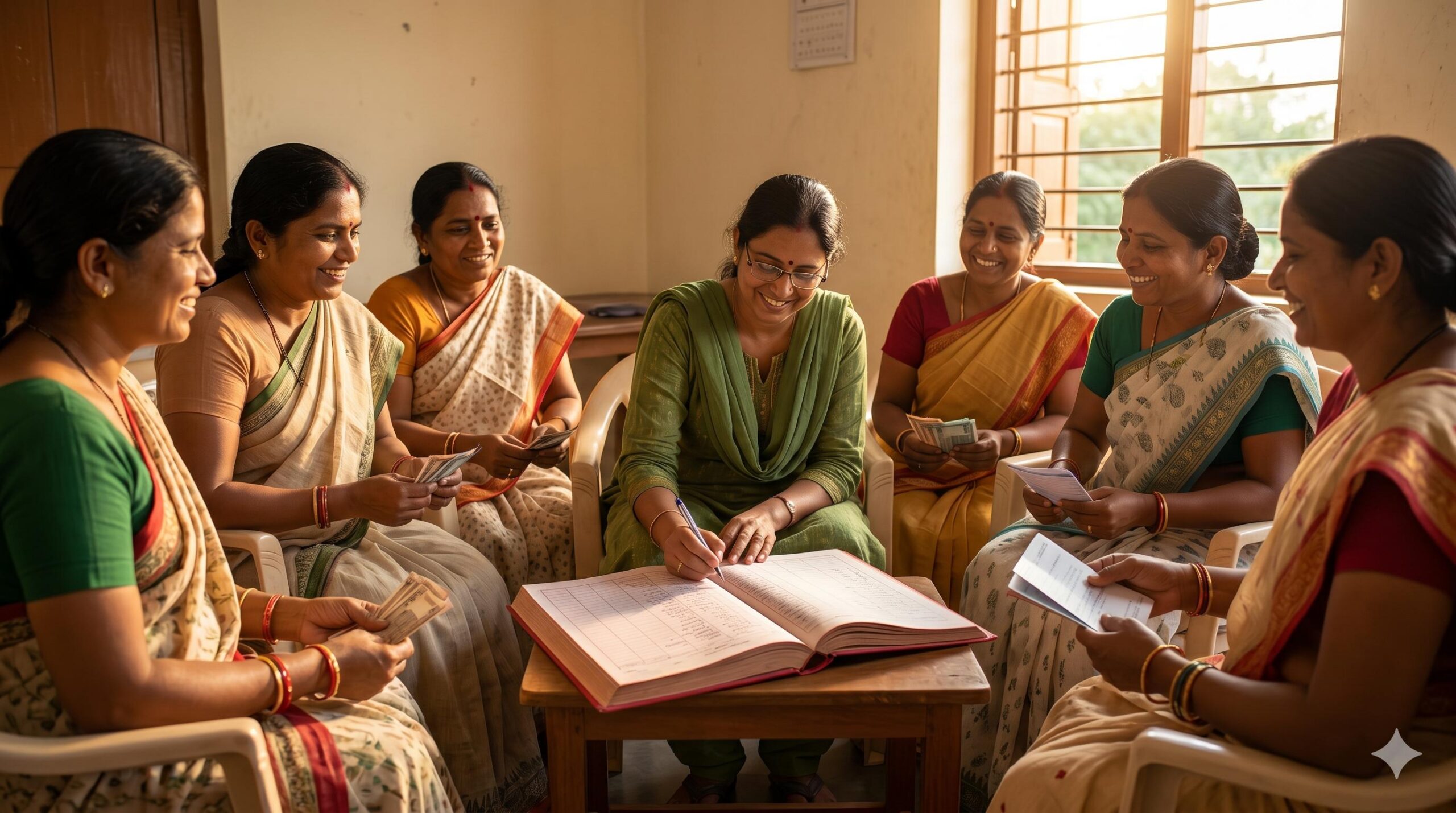 Indian women in a self-help group holding a bachat book during a financial meeting.