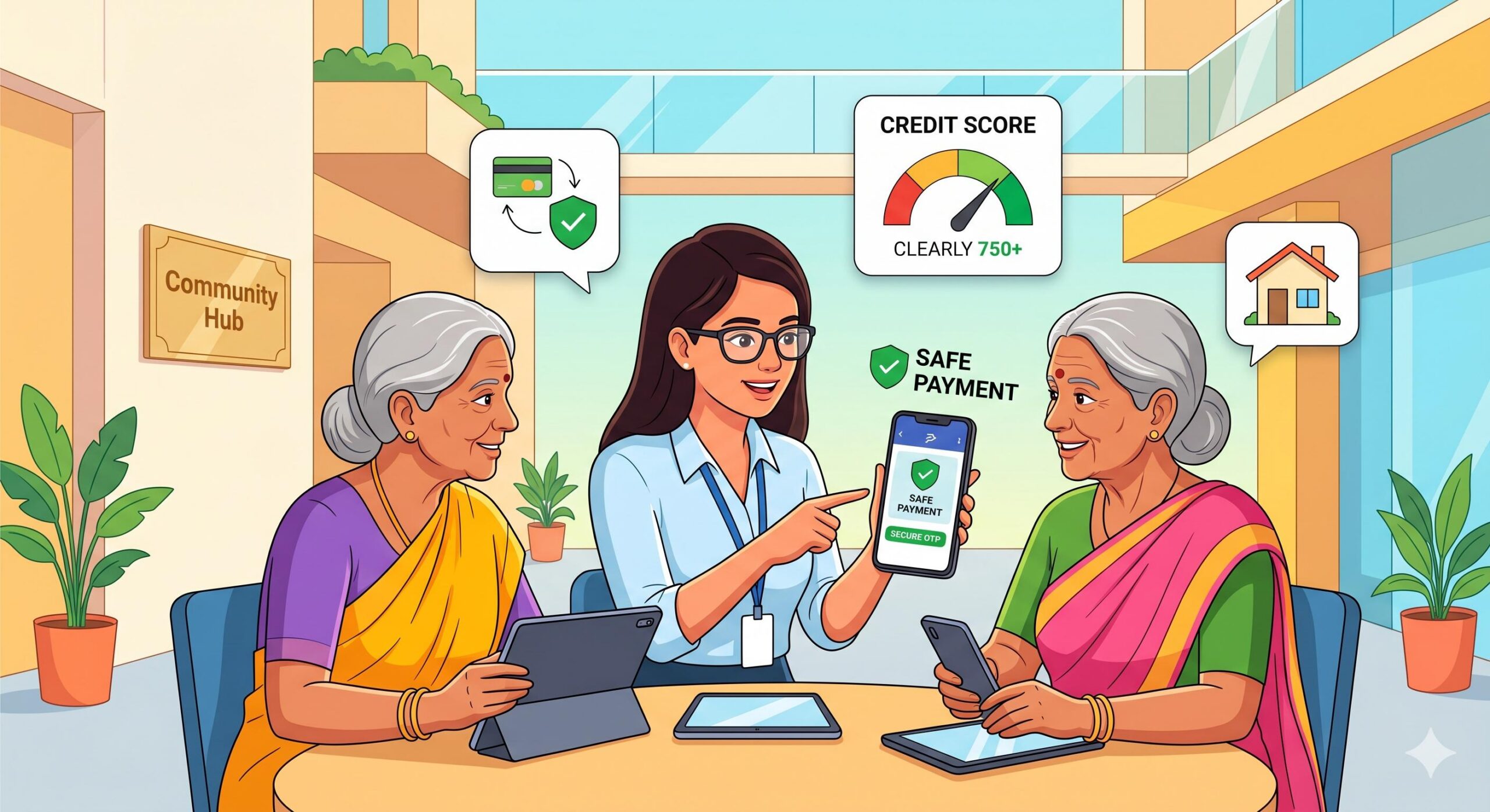 Indian women learning about secure digital banking and credit building.