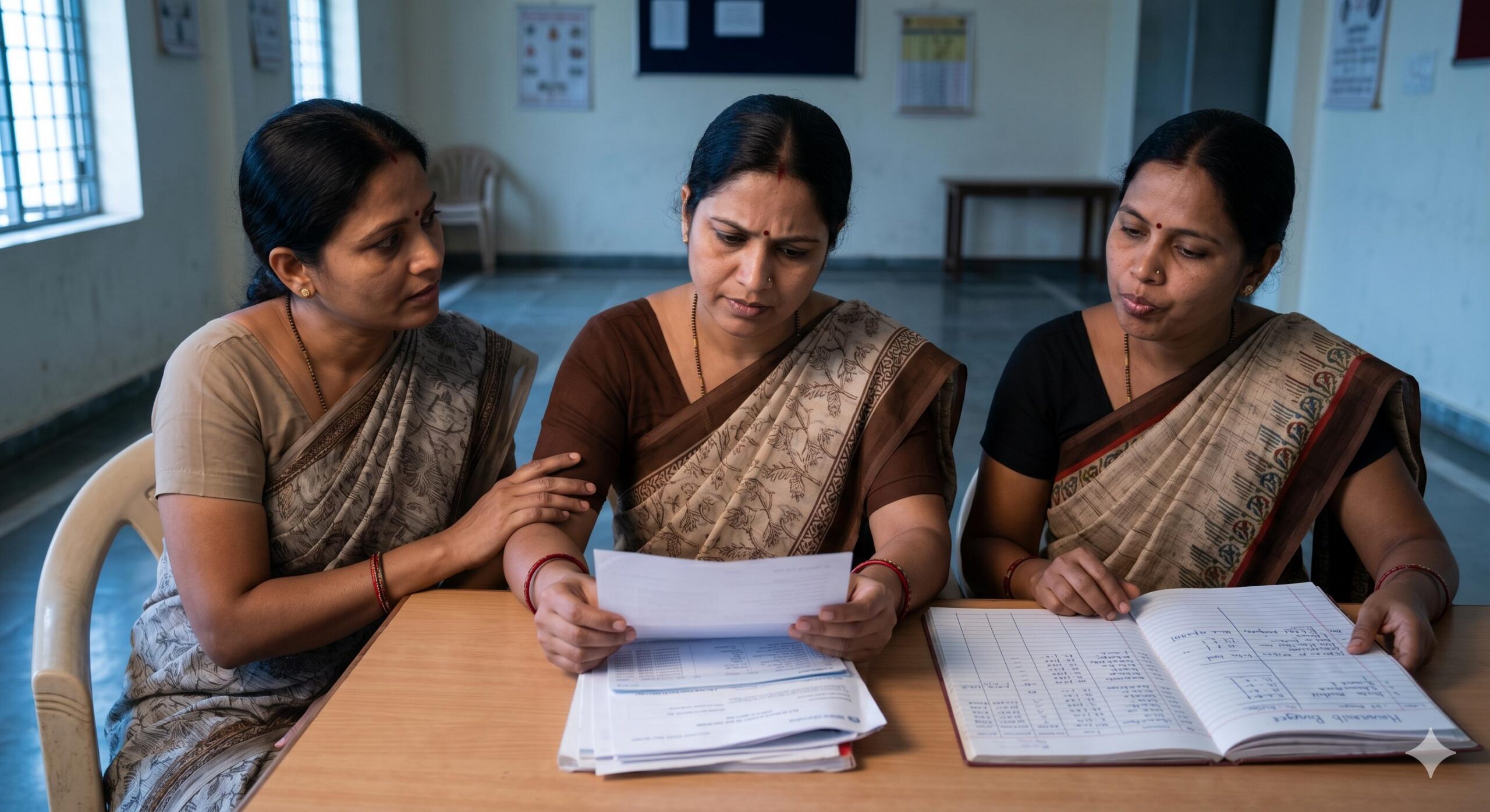 Indian women reviewing financial documents, supporting each other after a group loss.