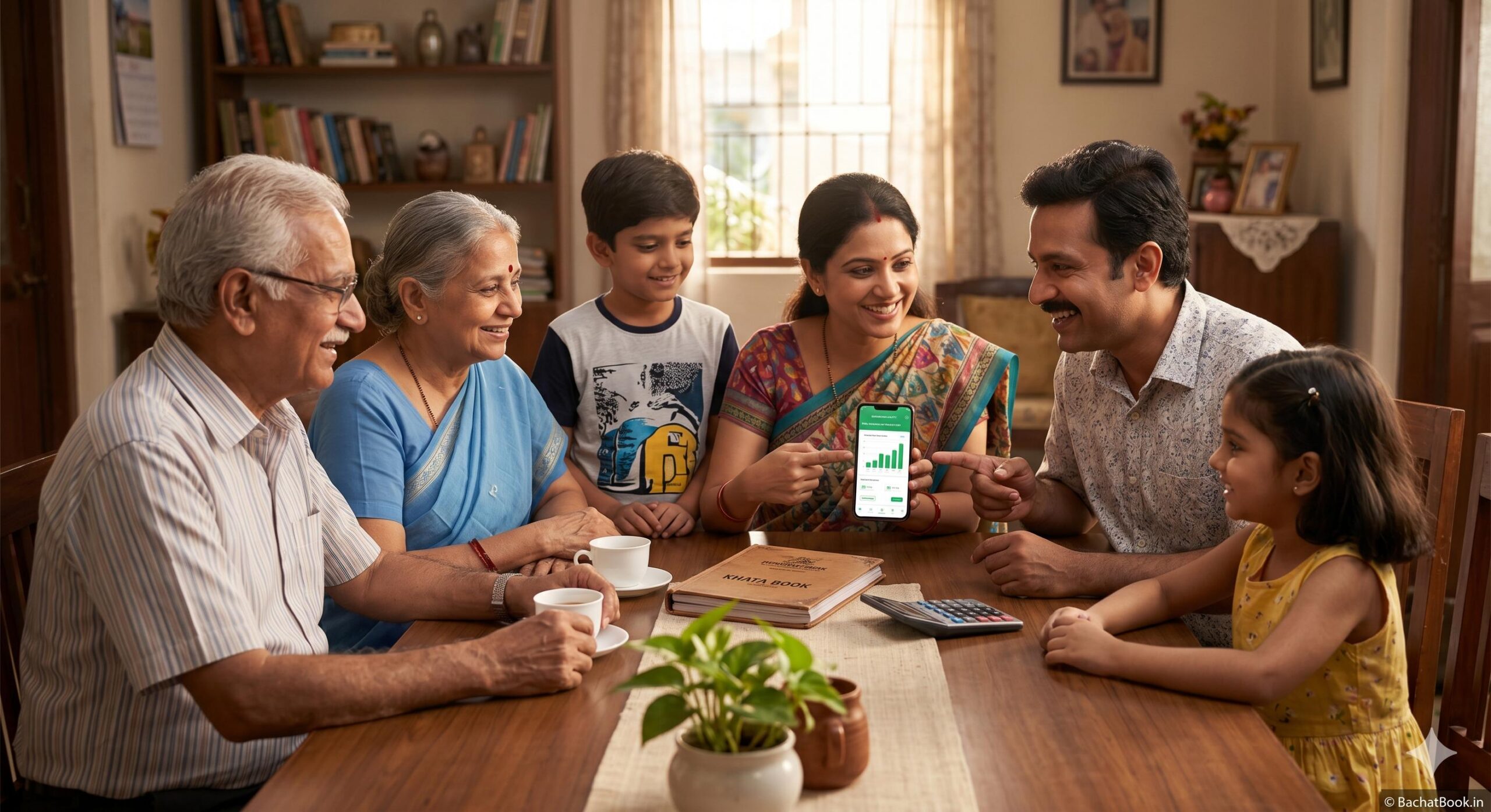 Joyful Indian family mastering smart household budgeting.