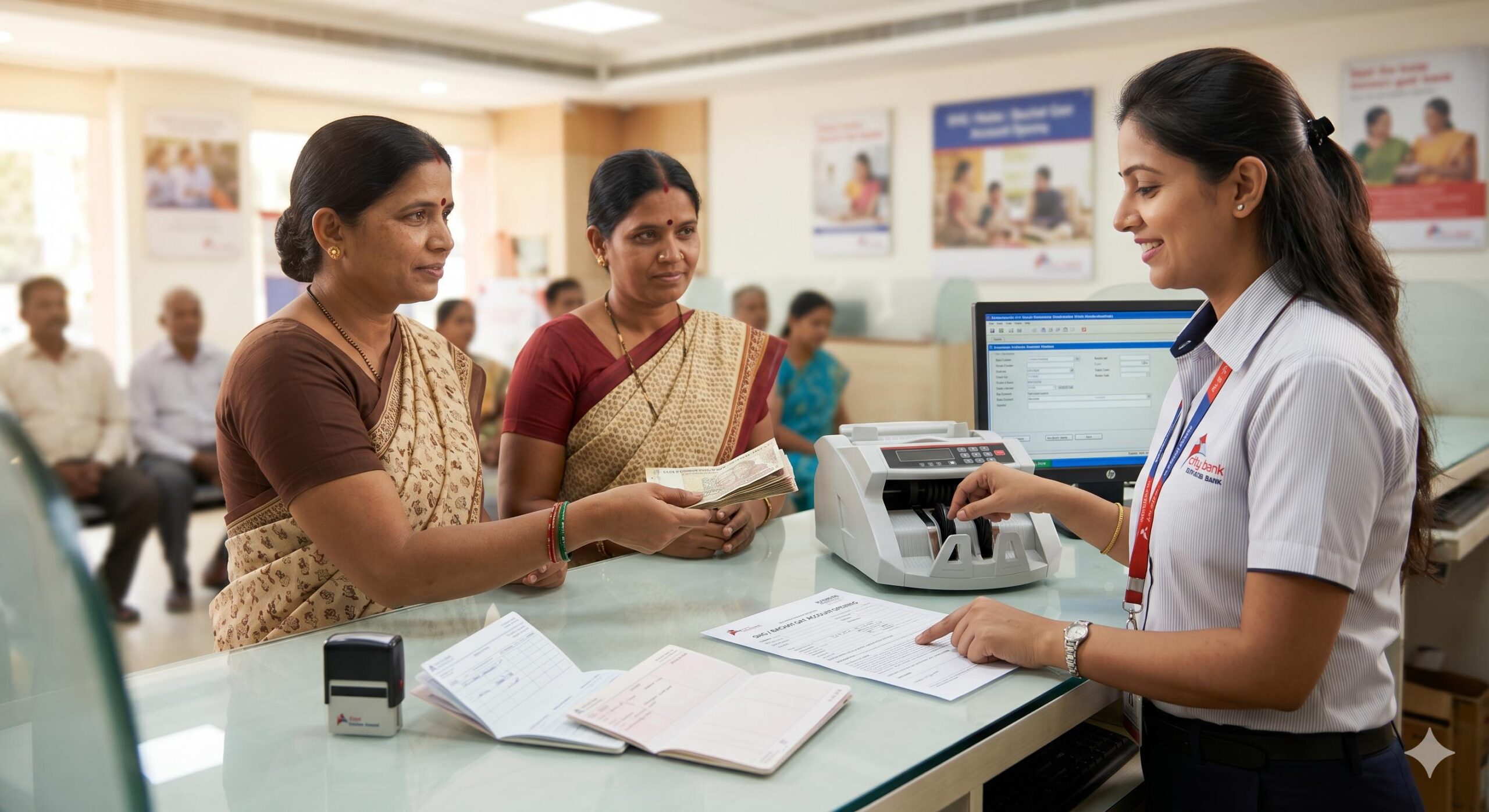 Leaders of a Bachat Gat depositing savings into an official bank account.