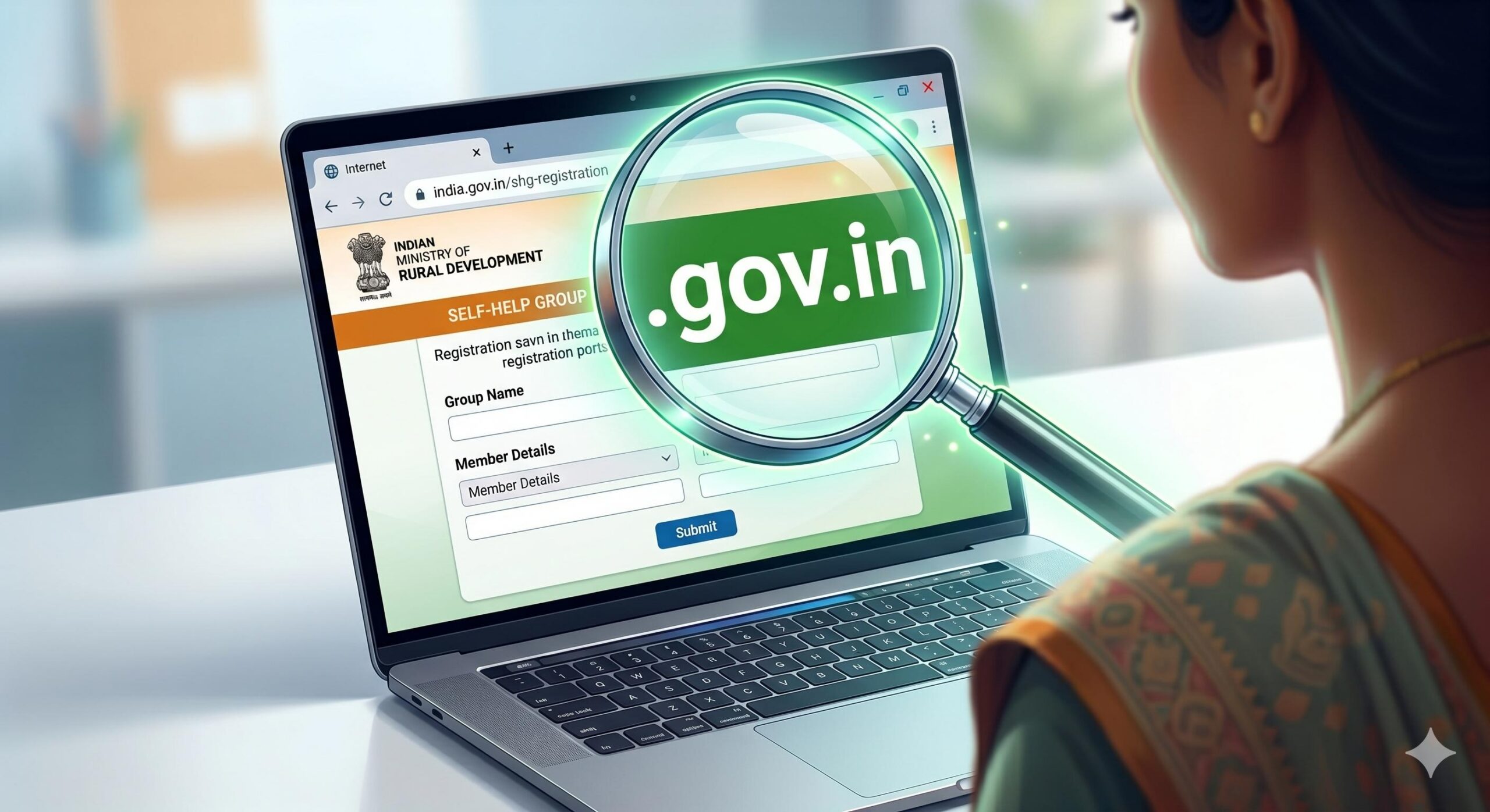 Magnifying glass highlighting a safe gov.in URL for government portals.