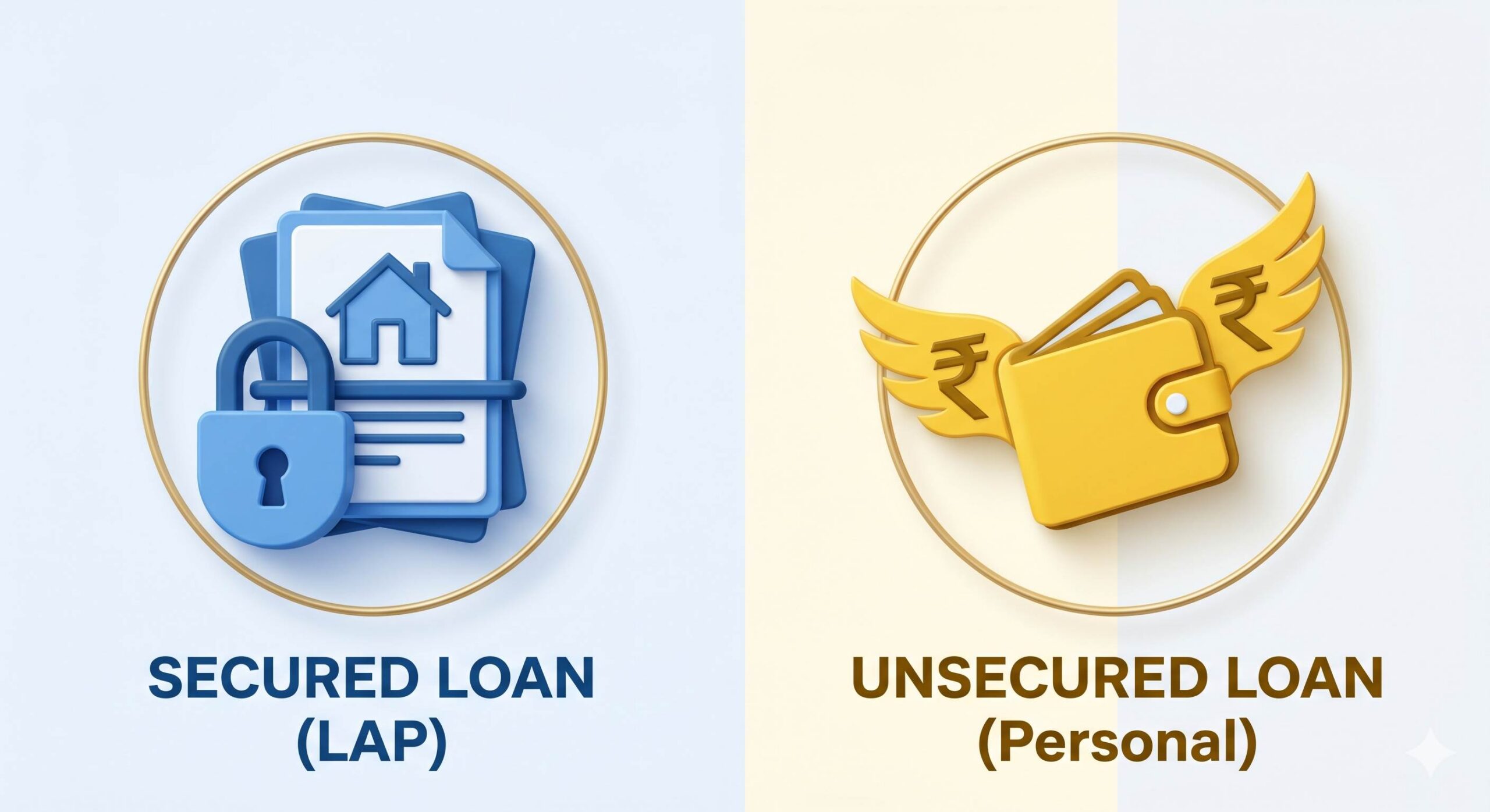 Modern split-screen infographic icons comparing a secured loan against property (lock on documents) with an unsecured personal loan (flying wallet).