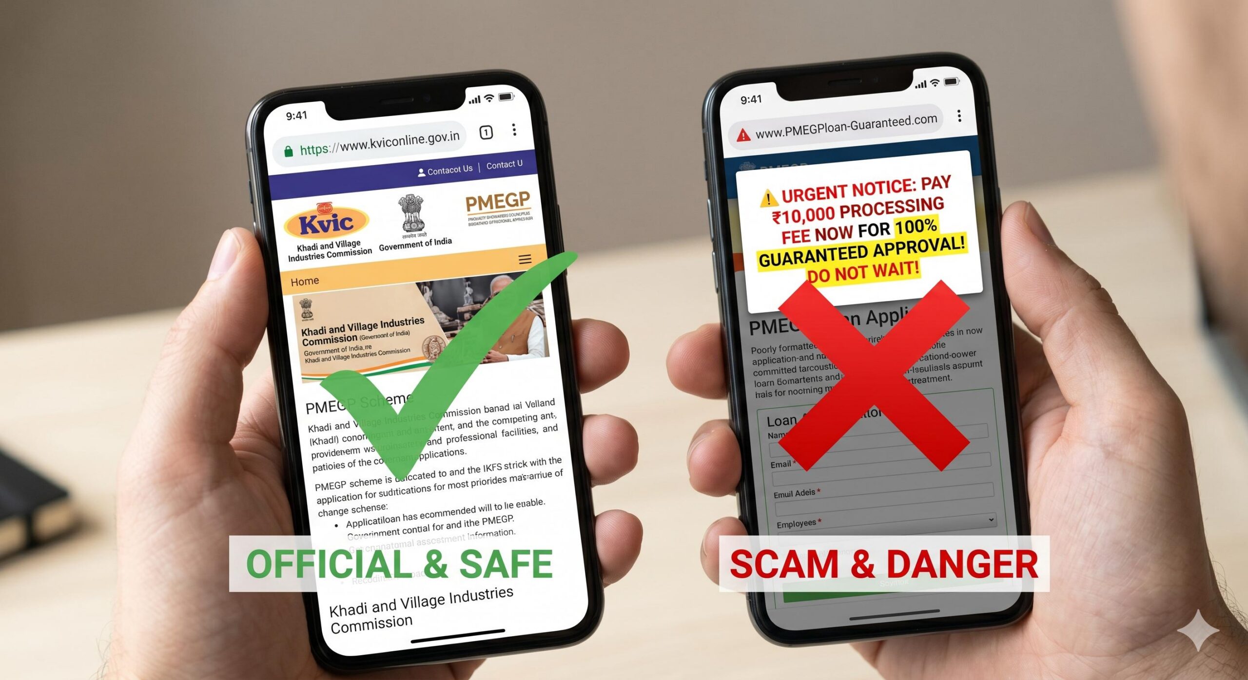 Official PMEGP website vs fake scam message.
