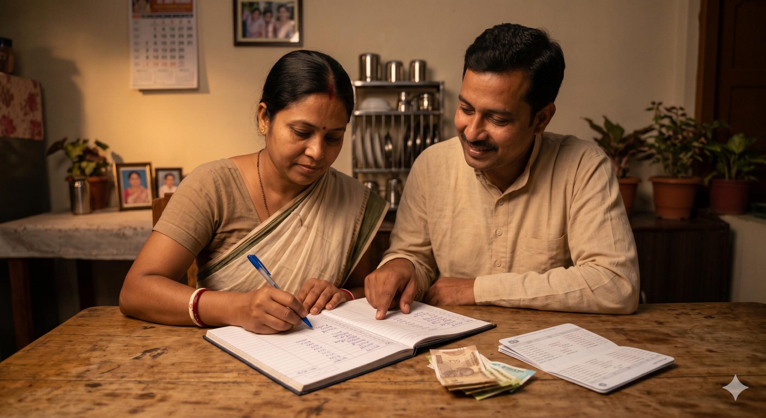 Rural Indian couple cooperatively writing a daily household budget planner.