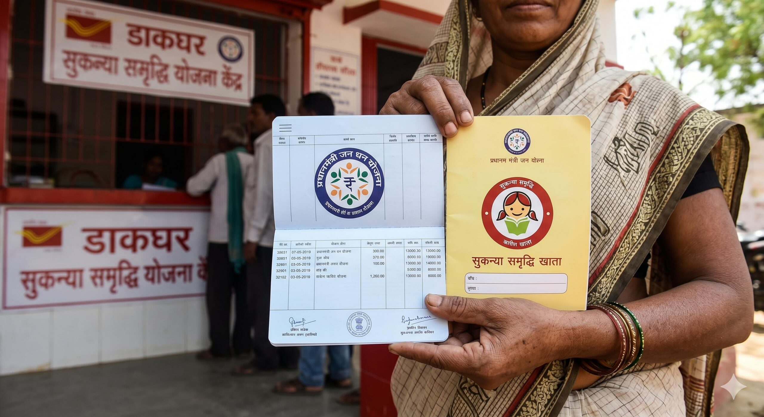 Rural woman holding official PMJDY and Sukanya Samriddhi Yojana passbooks.